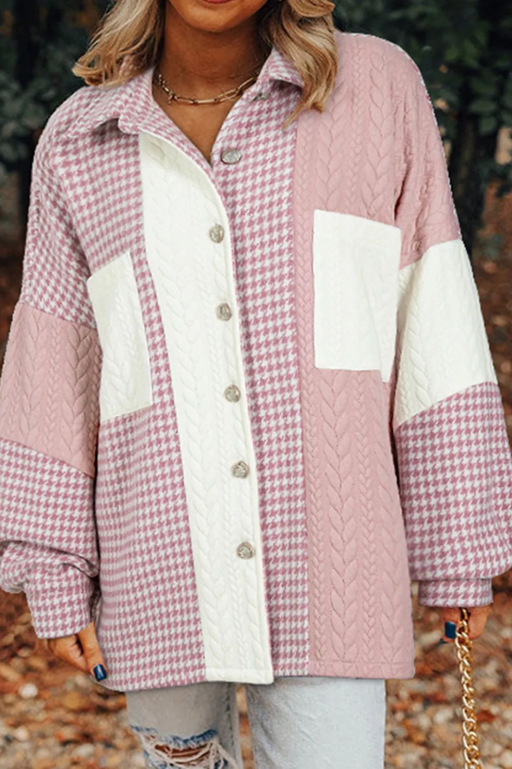 Buy blush-pink Pocketed Color Block Collared Neck Long Sleeve Jacket