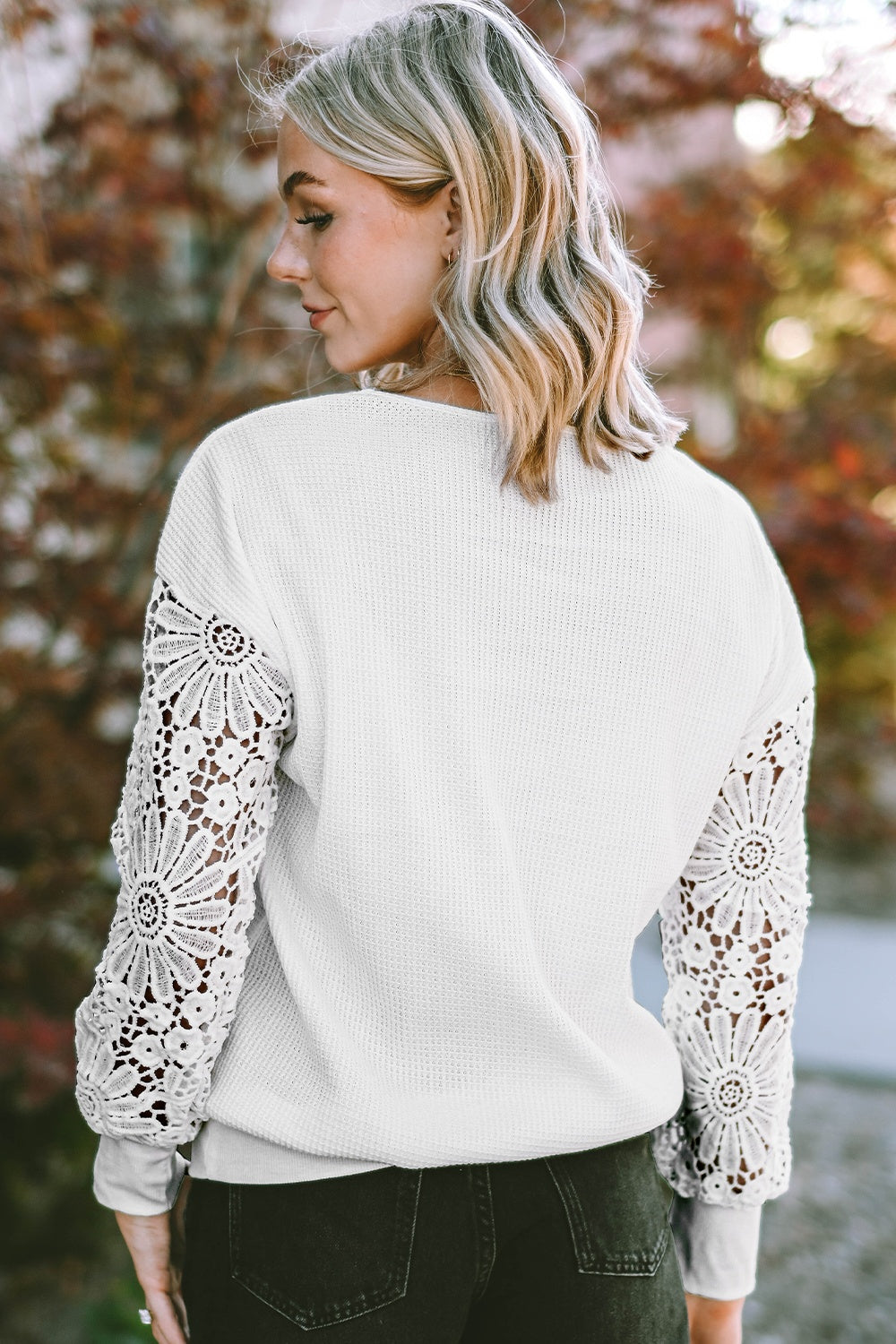 V-Neck Crochet Long Sleeve Blouse