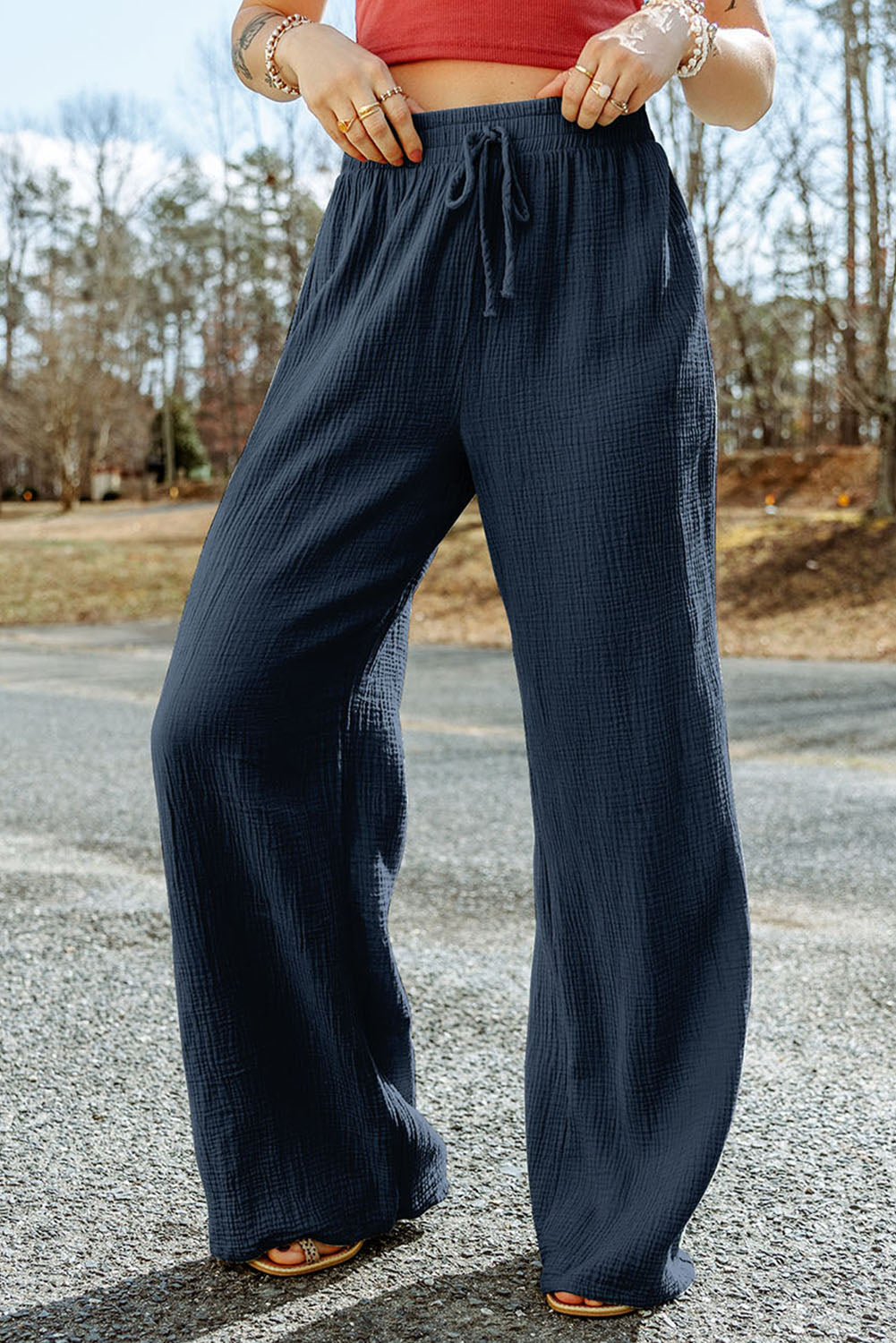 Buy french-blue Texture Tied Wide Leg Pants