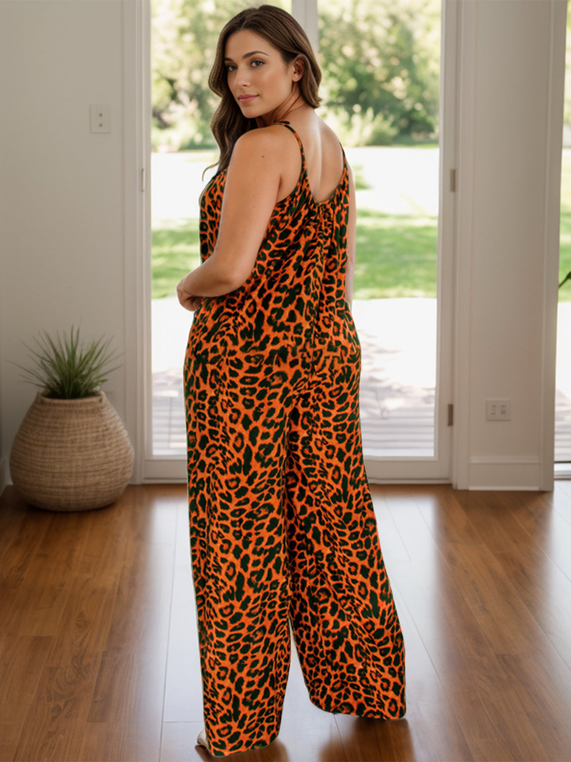 Buy terracotta Full Size Leopard Scoop Neck Wide Leg Jumpsuit