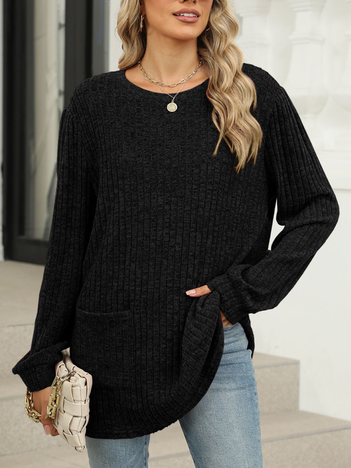 Buy black Pocketed Round Neck Long Sleeve T-Shirt