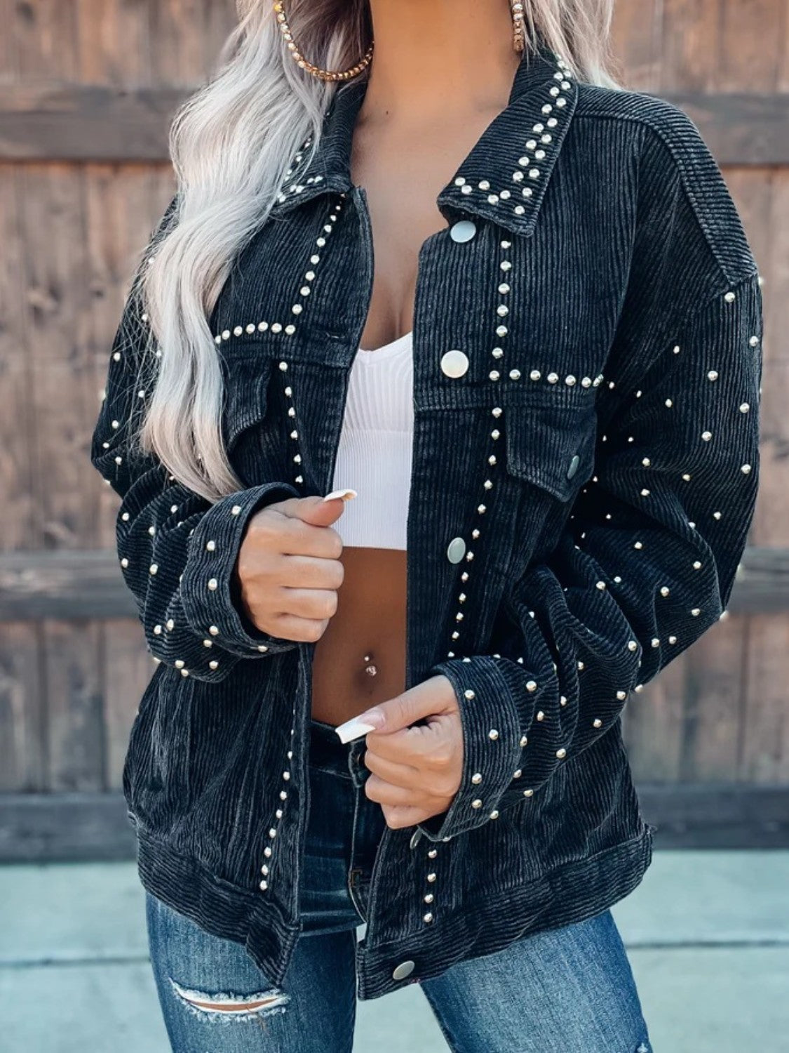 Buy black Studded Collared Neck Button Down Jacket