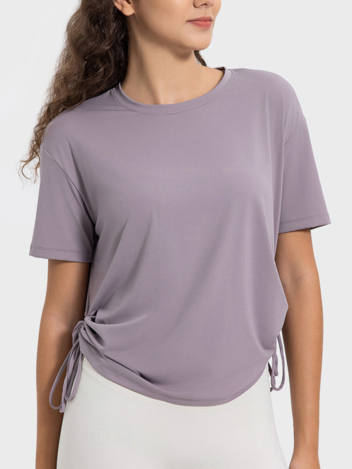 Buy lilac Millennia Drawstring Round Neck Short Sleeve Active T-Shirt