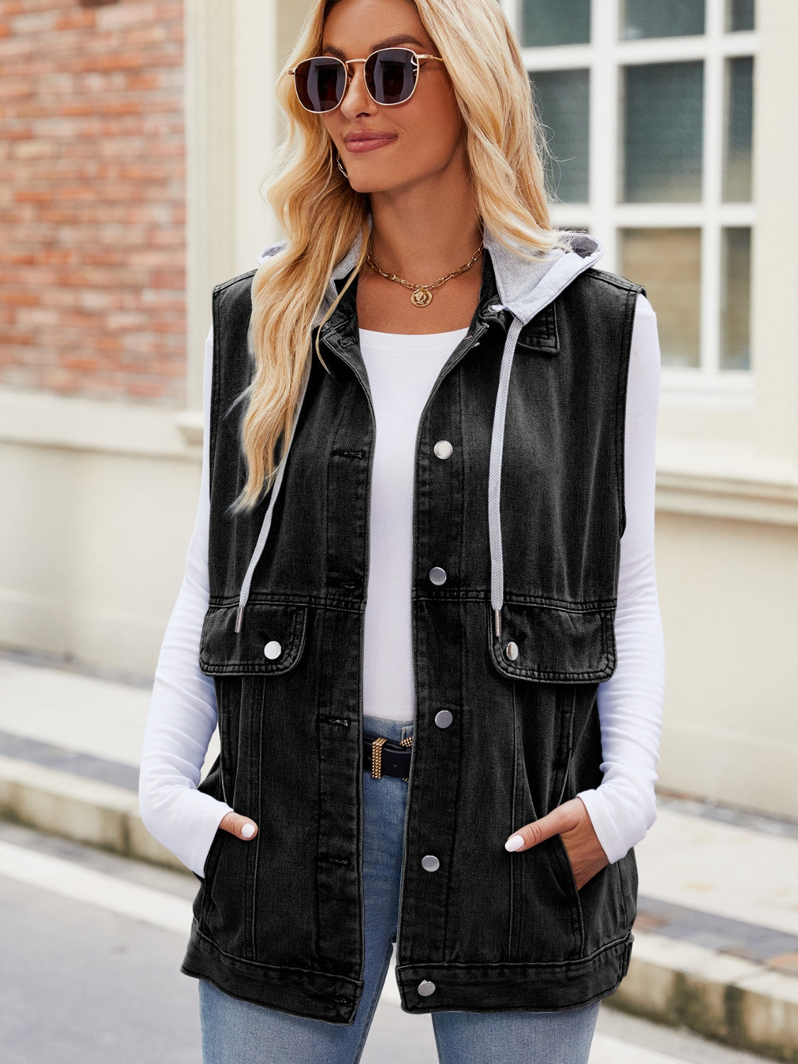 Buy black Drawstring Hooded Sleeveless Denim Jacket