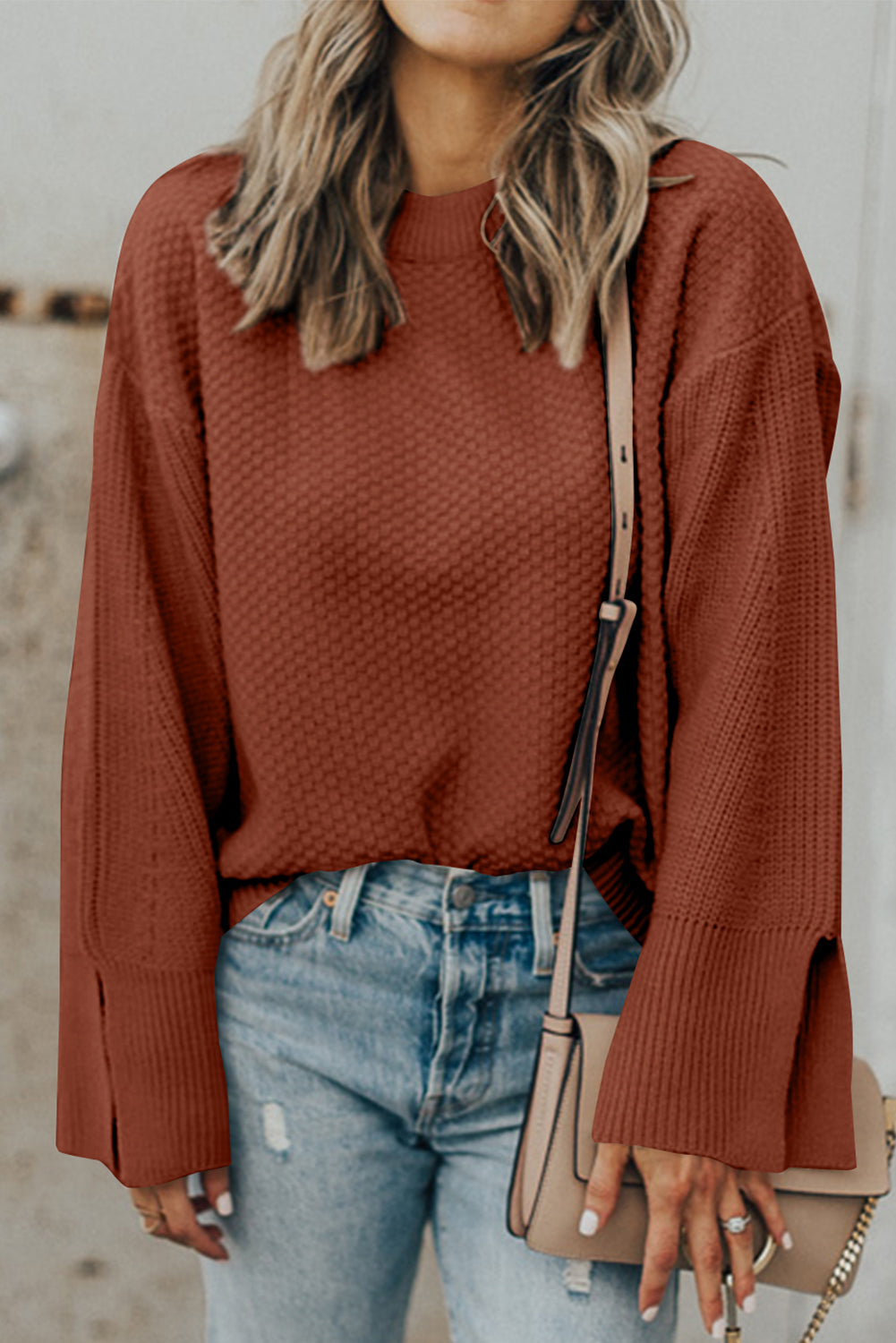 Buy dark-brown Textured Round Neck Long Sleeve Sweater