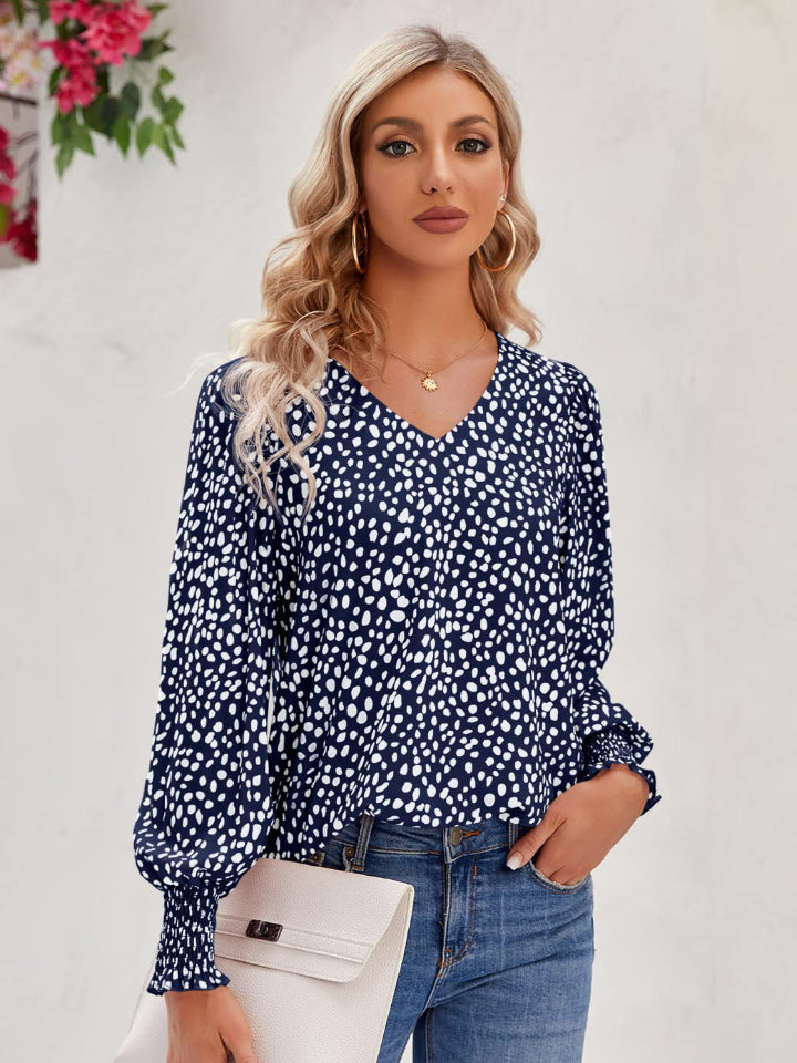 Buy dark-blue Printed V-Neck Lantern Sleeve Blouse