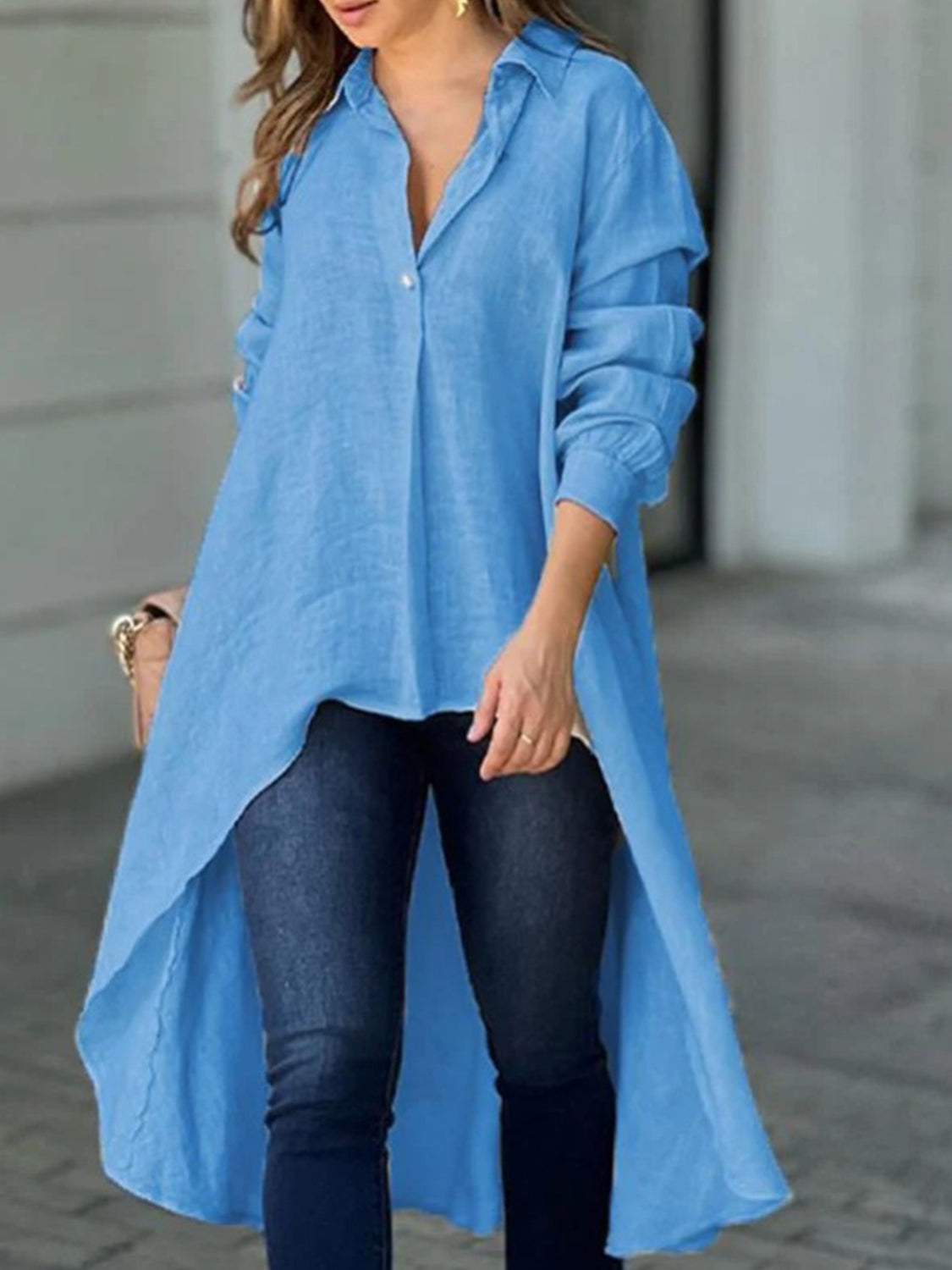 Buy cerulean Full Size High-Low Collared Neck Long Sleeve Shirt