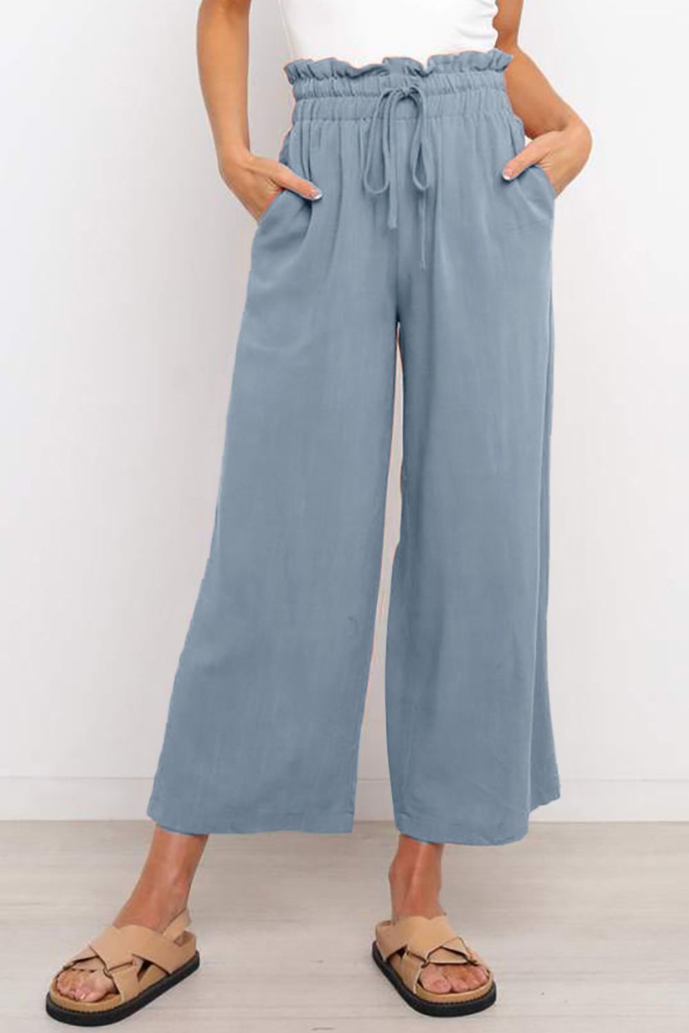 Buy light-blue Drawstring Paperbag Waist Wide Leg Pants