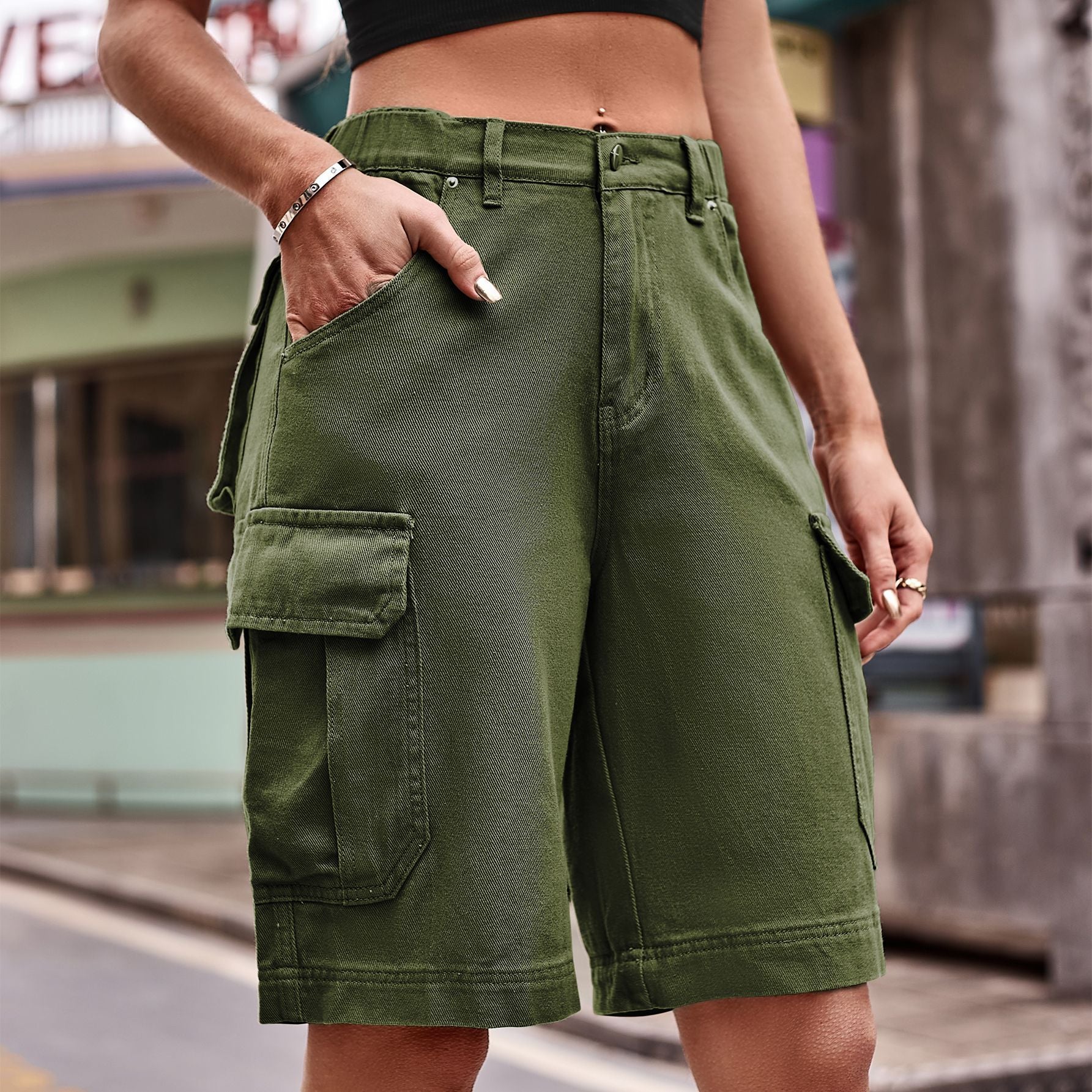 Buy army-green Denim Cargo Shorts with Pockets