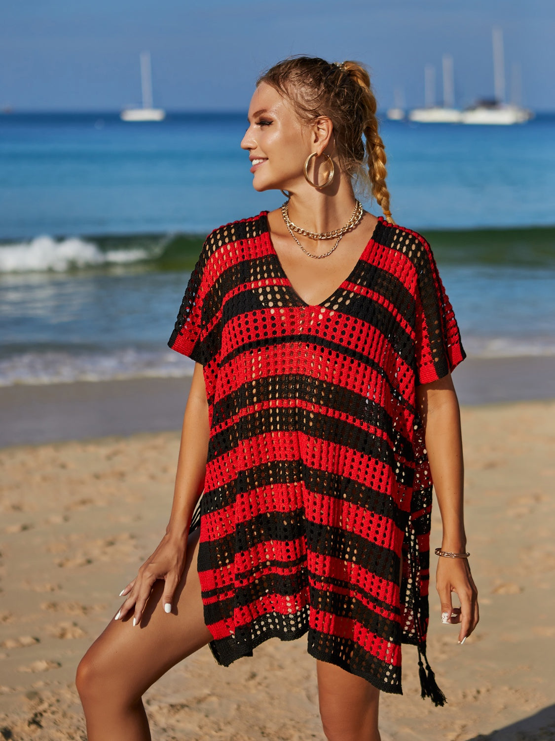 Angel Wings Tassel Openwork Striped V-Neck Cover Up