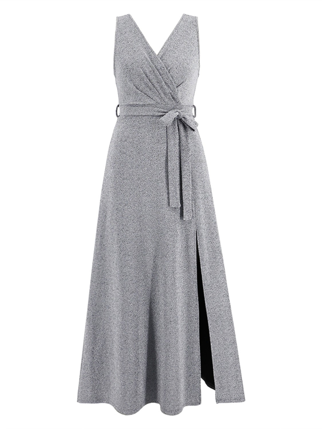 Slit Surplice Tie Waist Sleeveless Dress