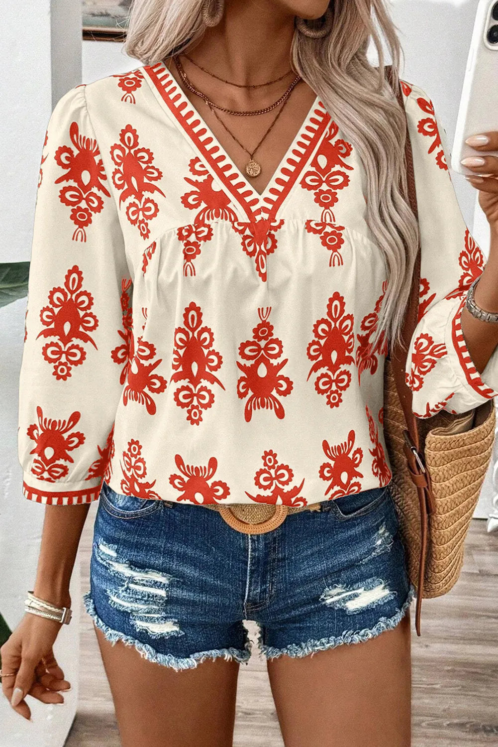 Buy orange Printed V-Neck Three-Quarter Sleeve Blouse