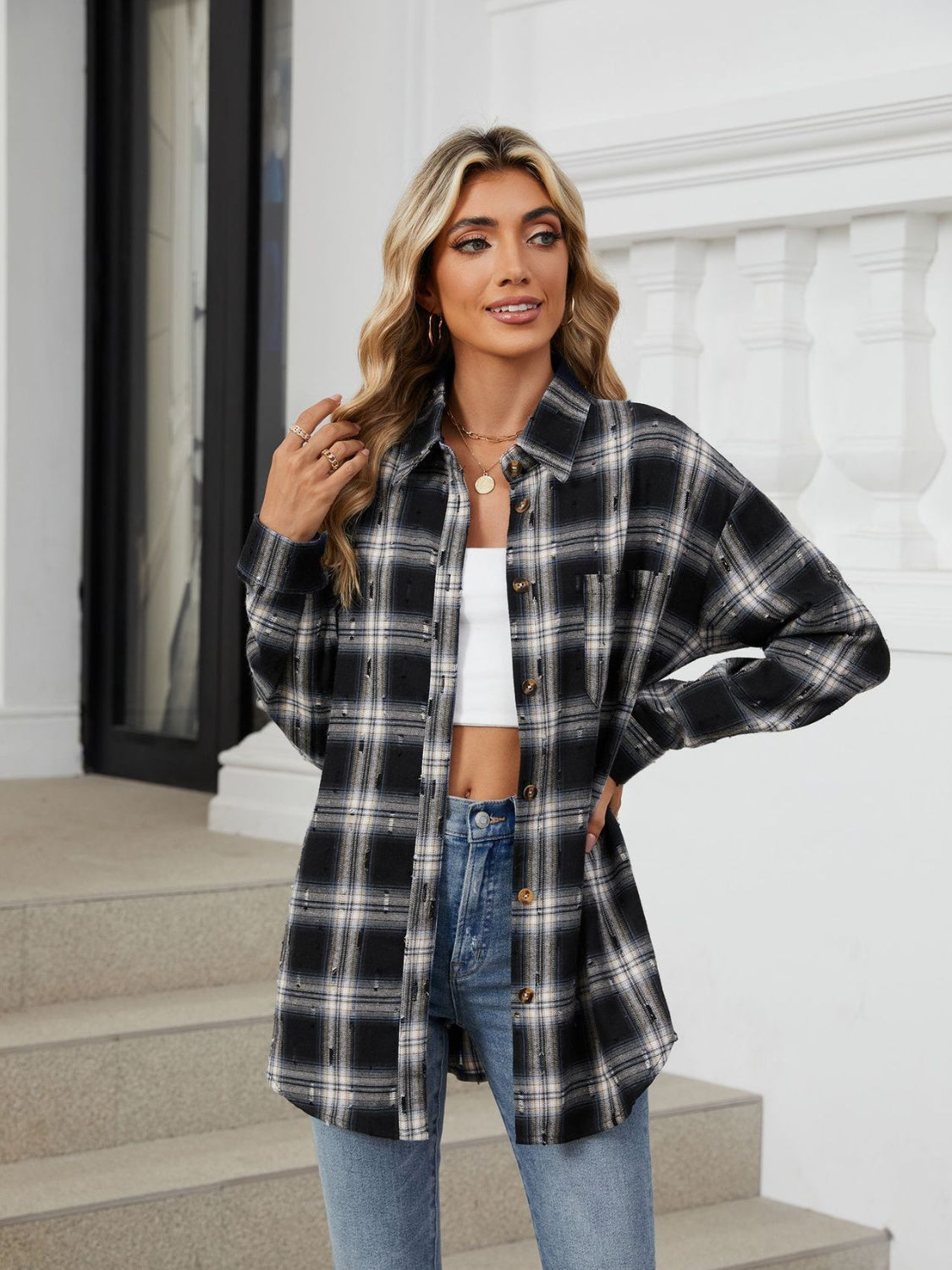 Buy black Plaid Button Up Long Sleeve Shirt