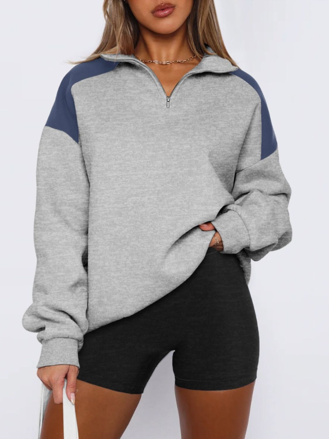 Buy gray Contrast Quarter Zip Long Sleeve Sweatshirt