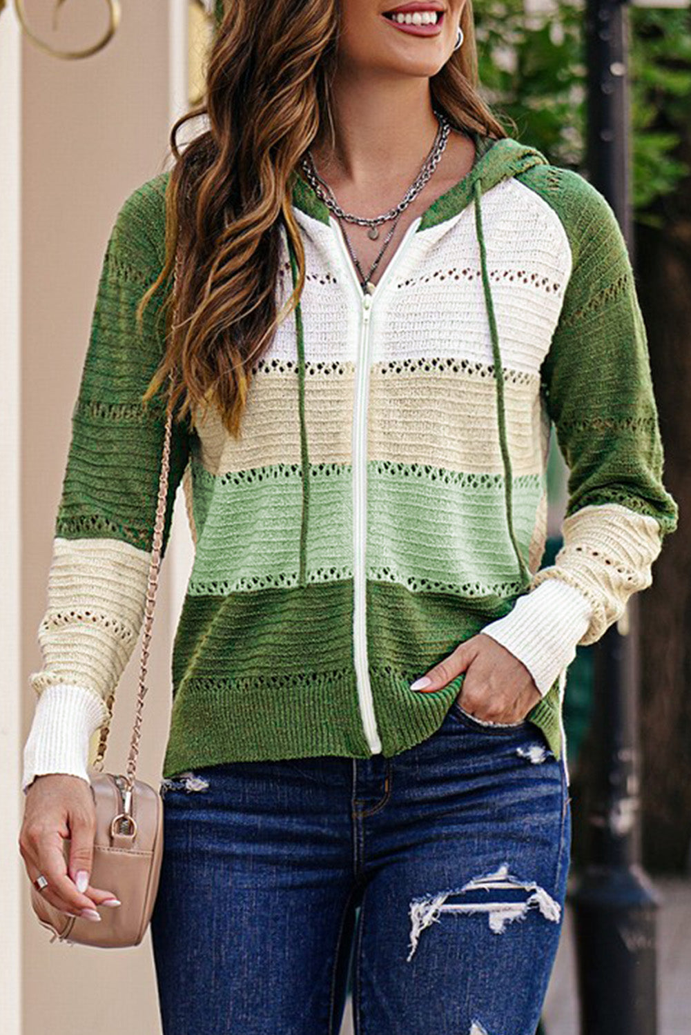 Buy green Zip-Up Raglan Sleeve Openwork Hooded Cardigan