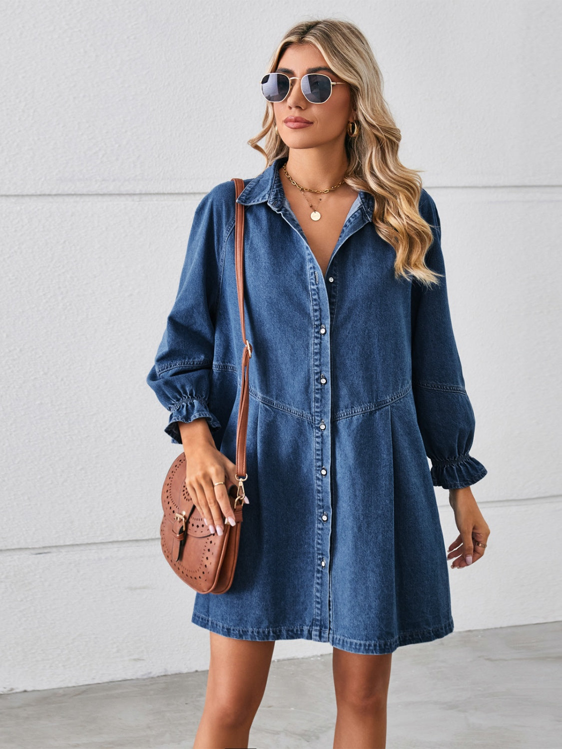 Buy dark-blue Button Up Flounce Sleeve Mini Denim Dress