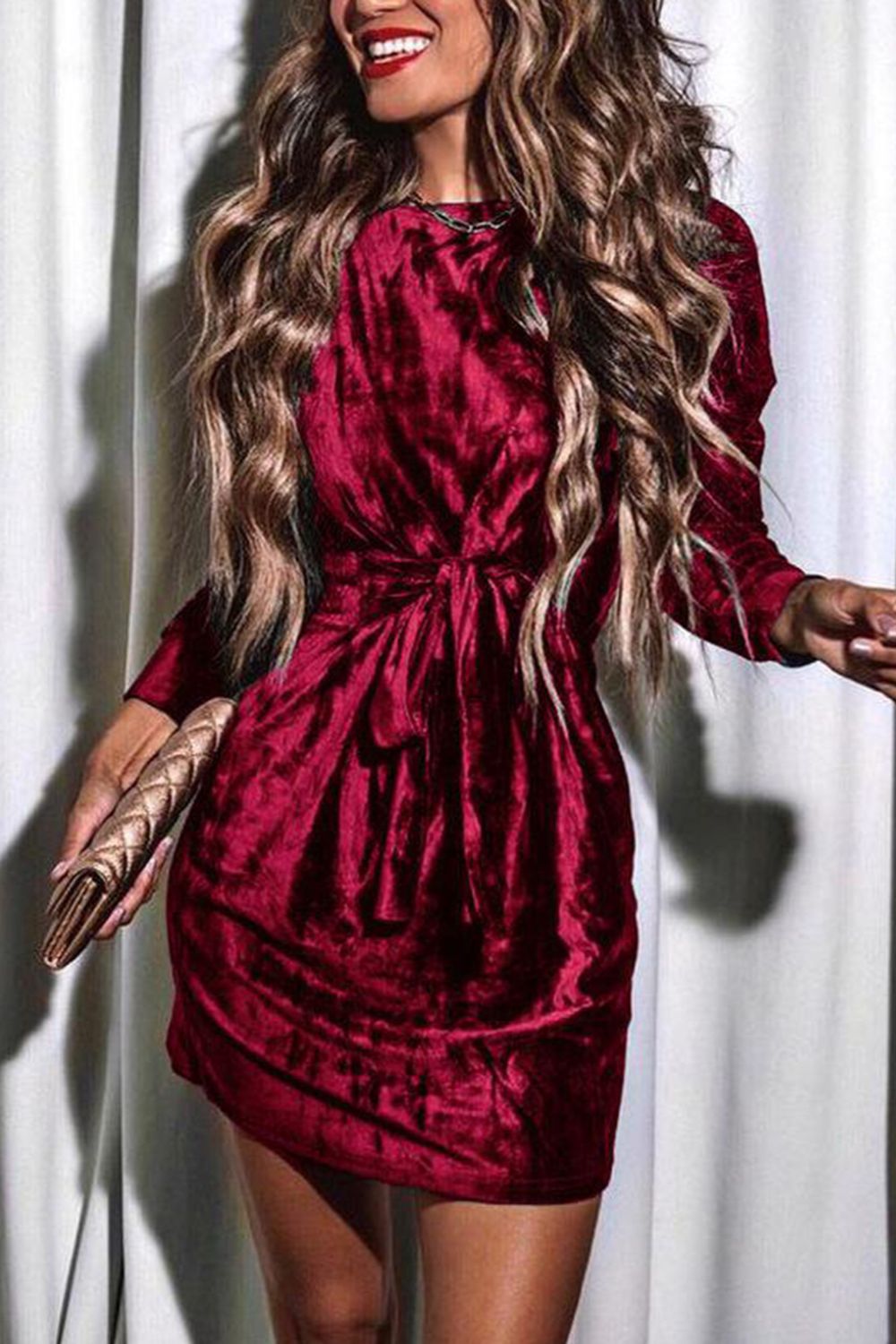 Buy burgundy MeiMei Tied Round Neck Long Sleeve Dress