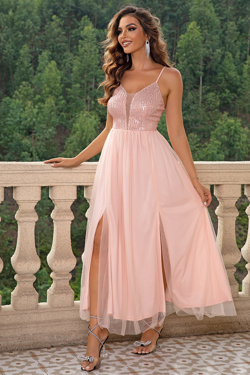 Buy blush-pink Spaghetti Strap Slit Mesh Dress