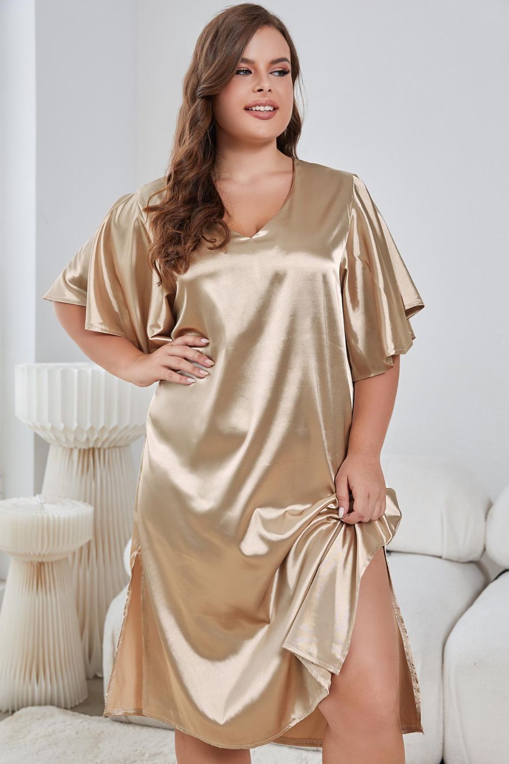 Buy golden Plus Size Flutter Sleeve V-Neck Side Slit Night Gown