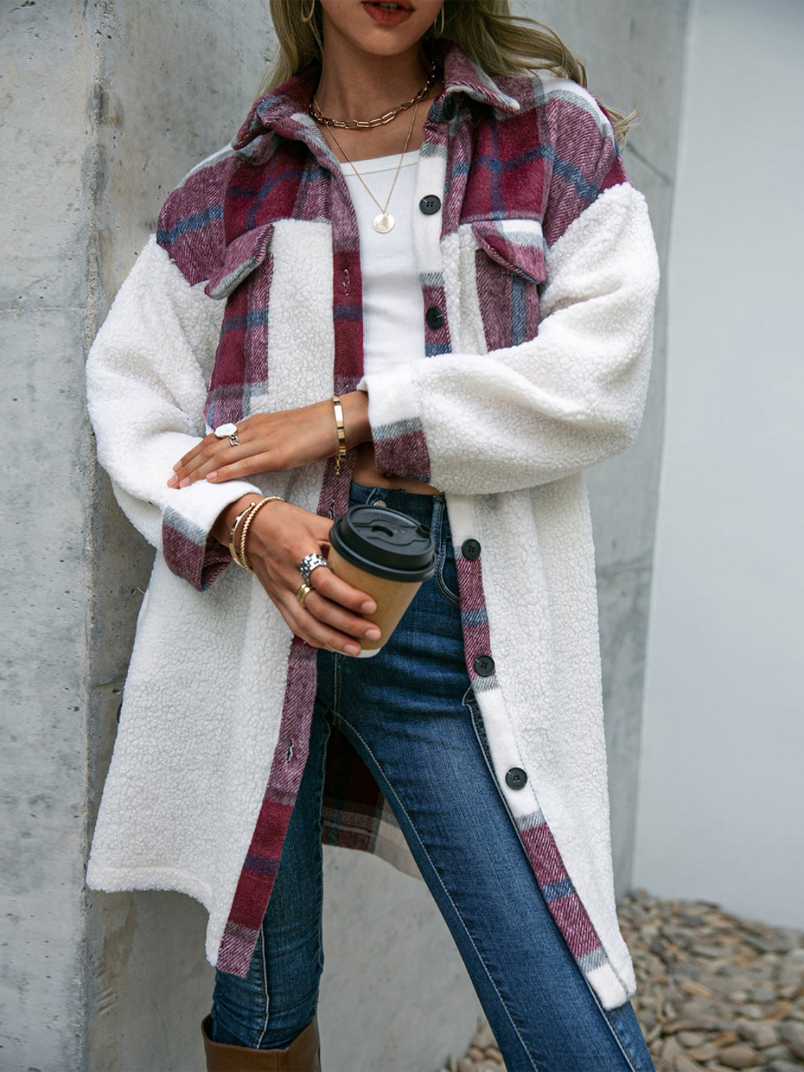 Buy deep-purple Plaid Dropped Shoulder Longline Coat