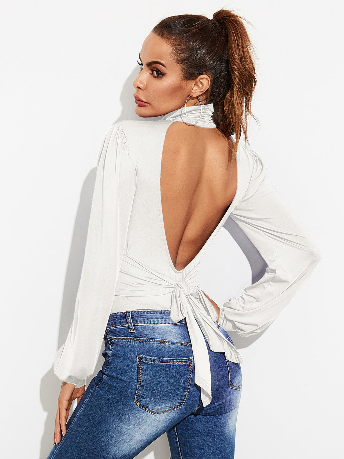 Buy white Backless Tie-Waist Turtleneck Lantern Sleeve Bodysuit