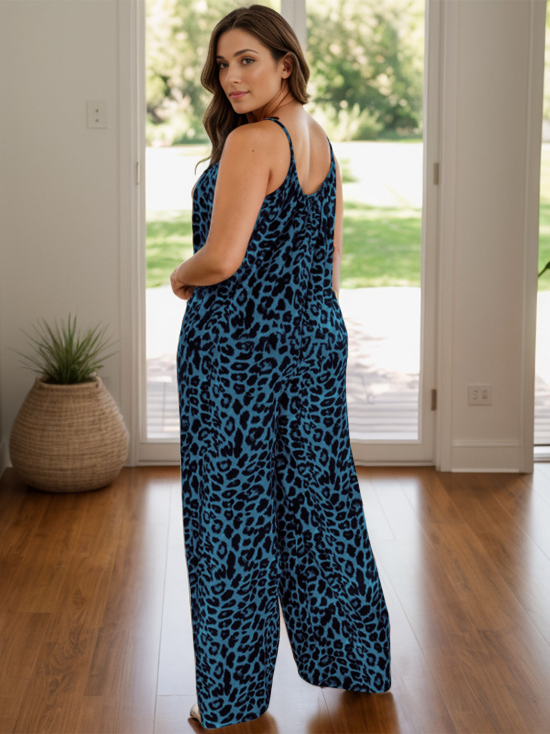 Buy deep-teal Full Size Leopard Scoop Neck Wide Leg Jumpsuit