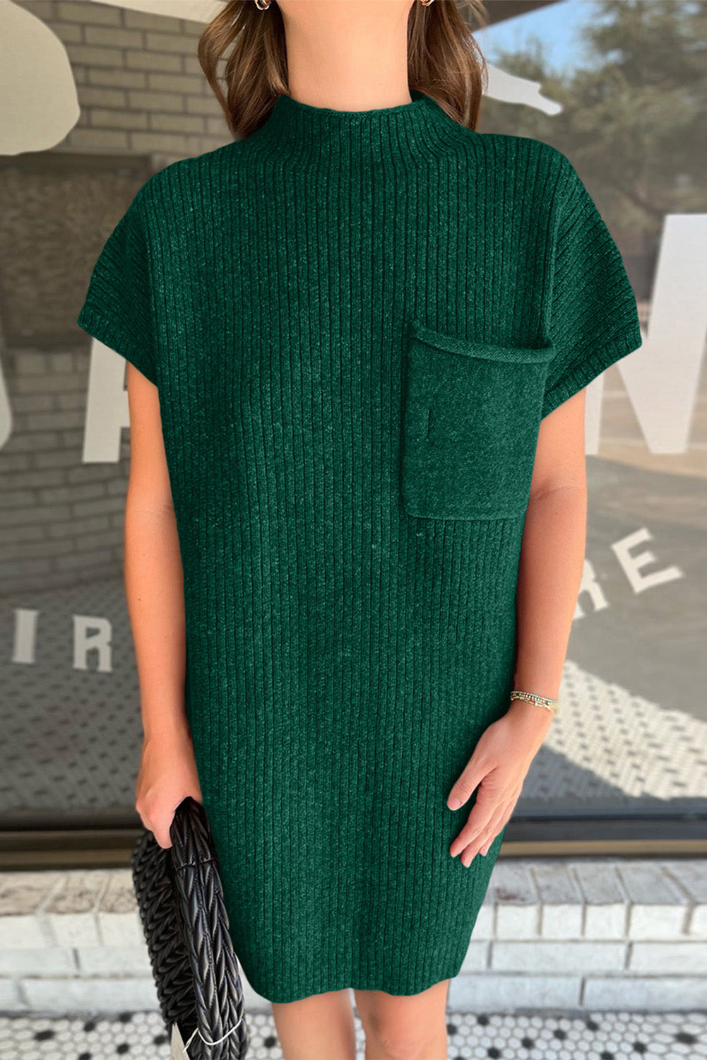 Buy dark-green Ribbed Pocketed Mock Neck Short Sleeve Sweater