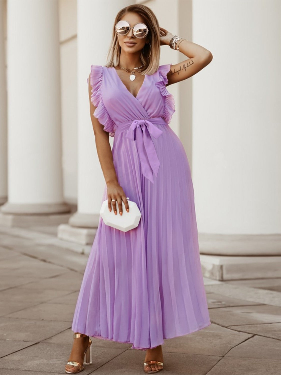 Buy lavender Tied Surplice Cap Sleeve Pleated Dress