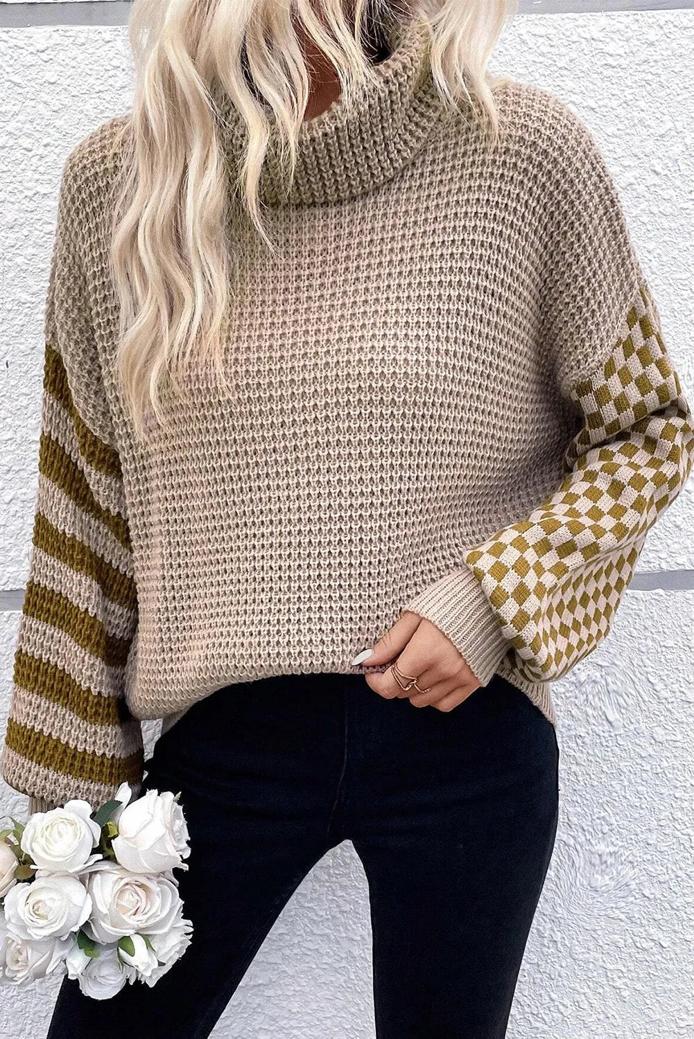 Buy mocha Checkered Striped Turtleneck Long Sleeve Sweater