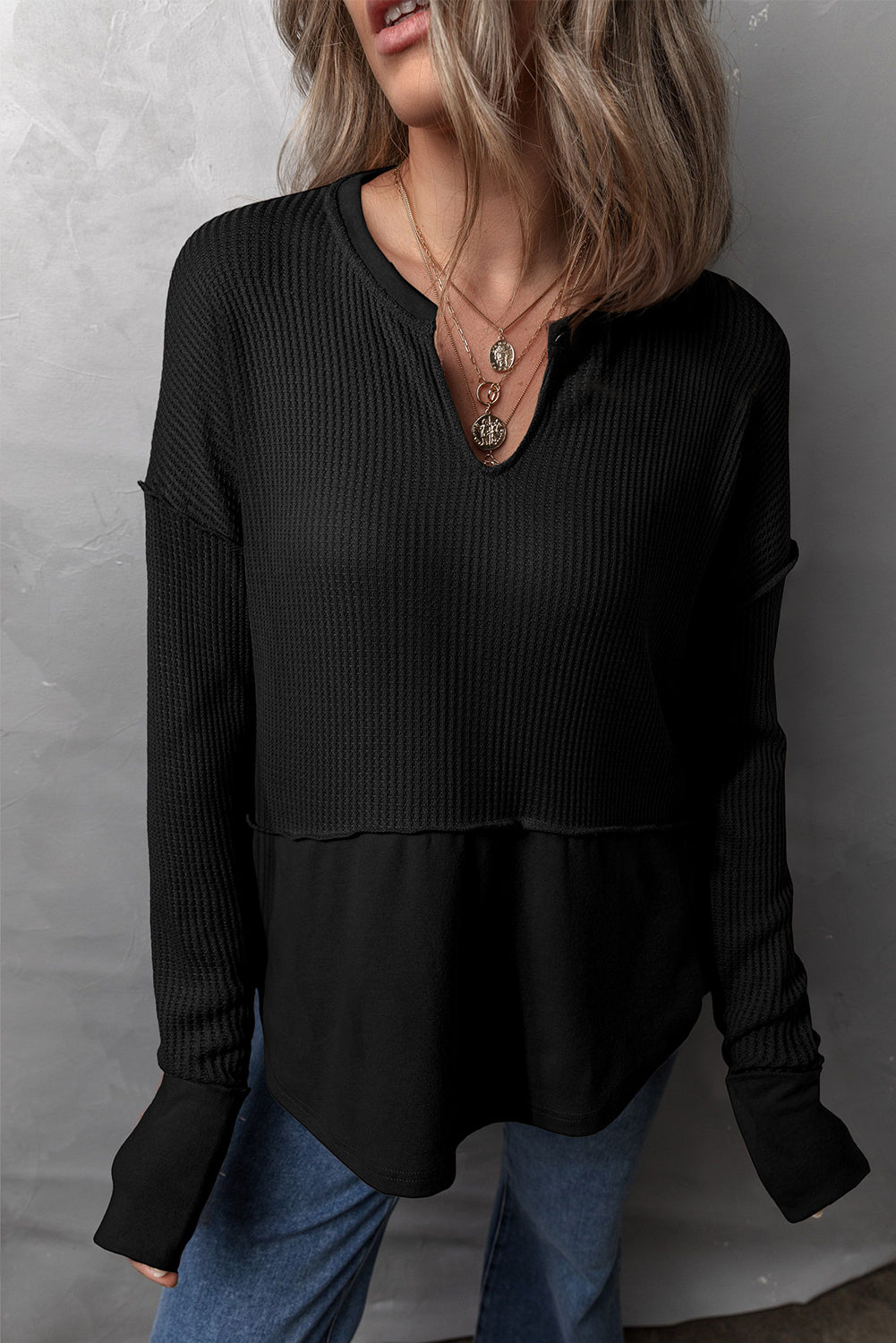 Buy black Waffle-Knit Exposed Seam Notched Long Sleeve Top