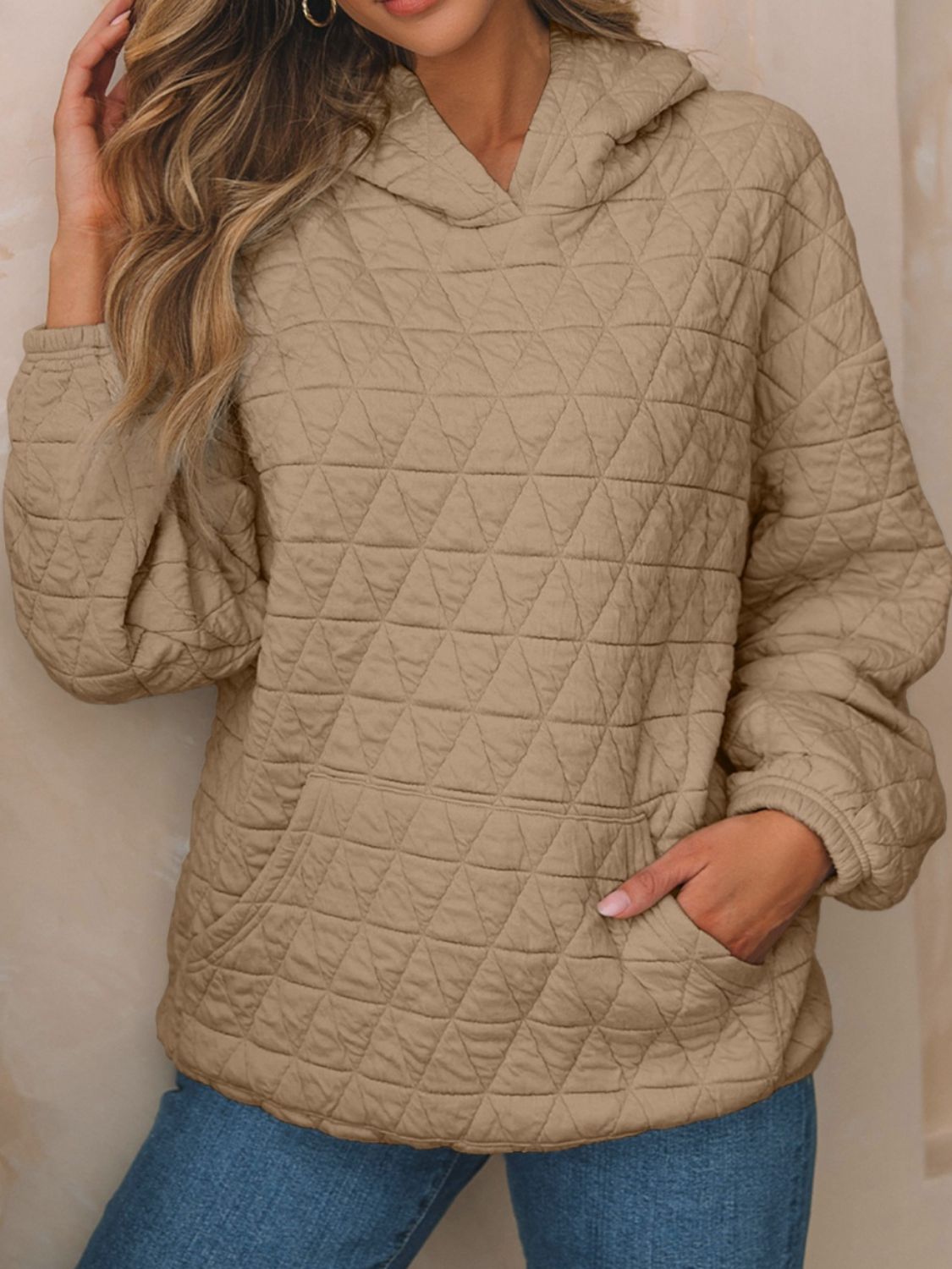 Buy camel Textured Long Sleeve Hoodie with Pockets