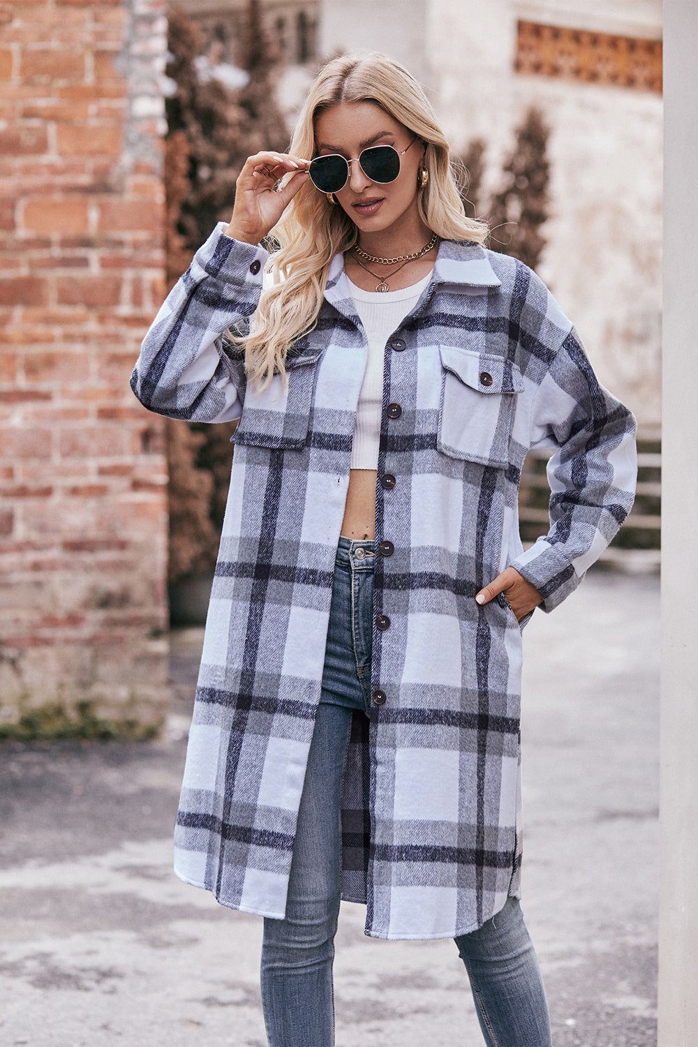 Buy dark-gray Mandy Plaid Dropped Shoulder Longline Jacket