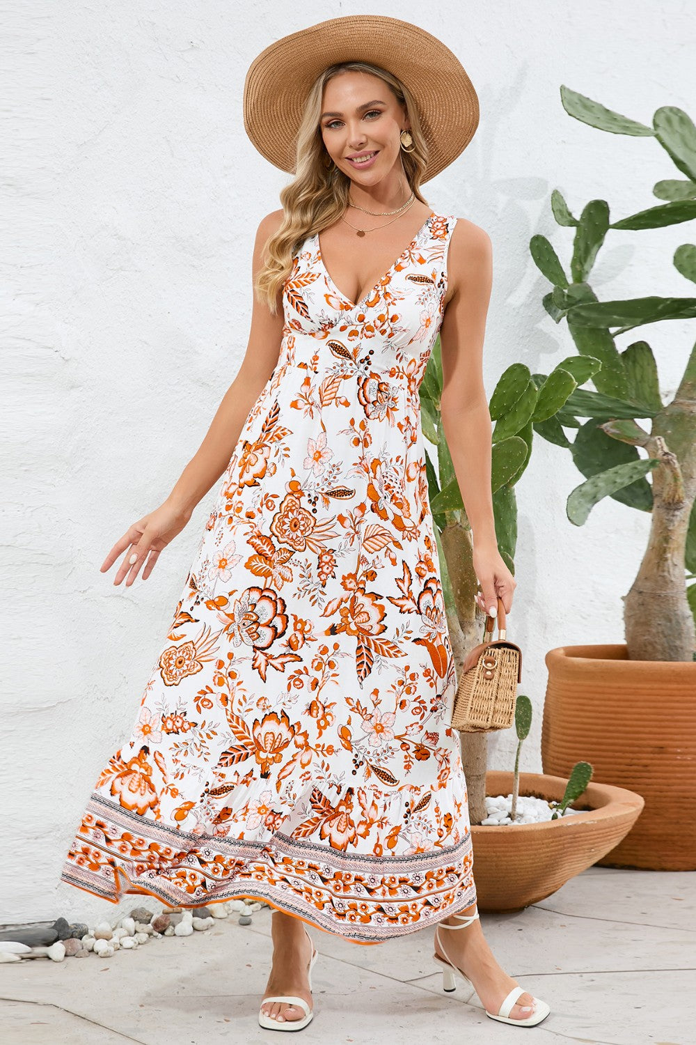 Buy orange Printed V-Neck Wide Strap Dress