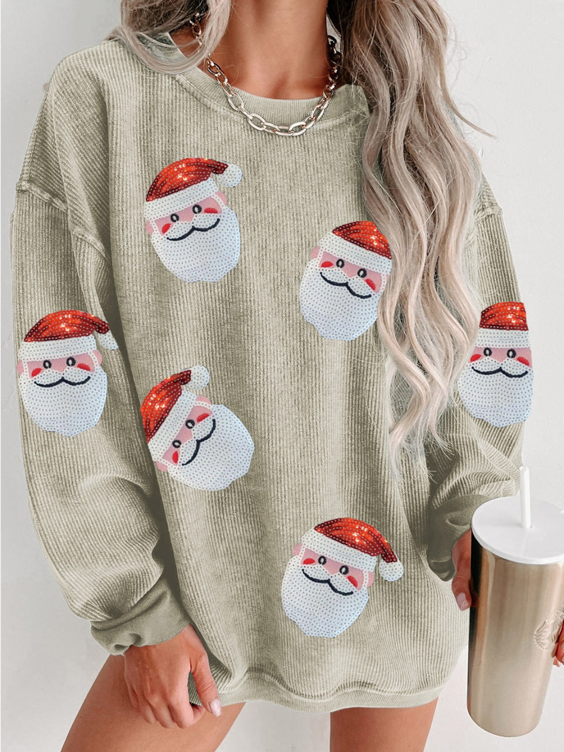 Buy mist-green Sequin Santa Patch Ribbed Sweatshirt