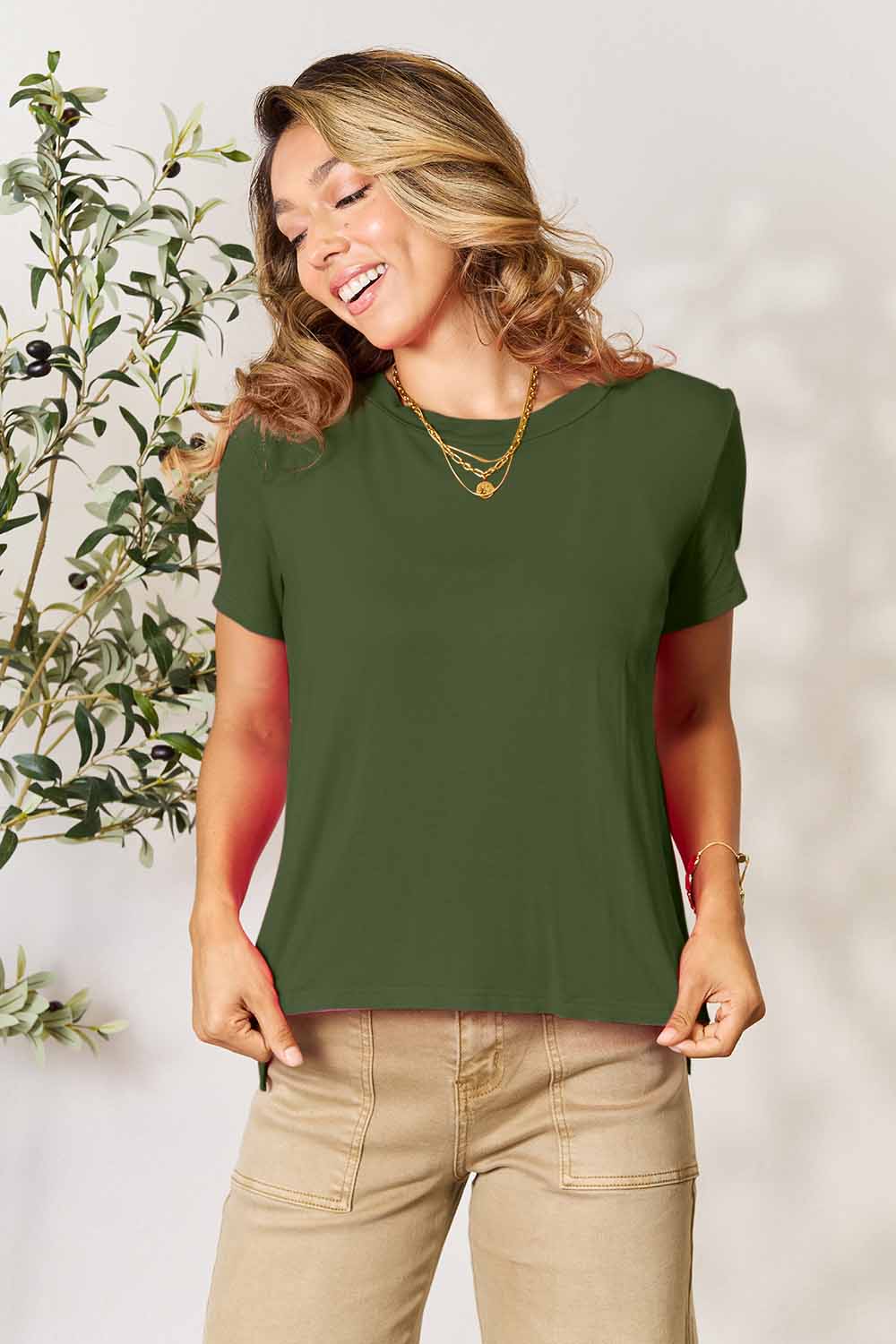 Buy matcha-green Basic Bae Full Size Round Neck Short Sleeve T-Shirt