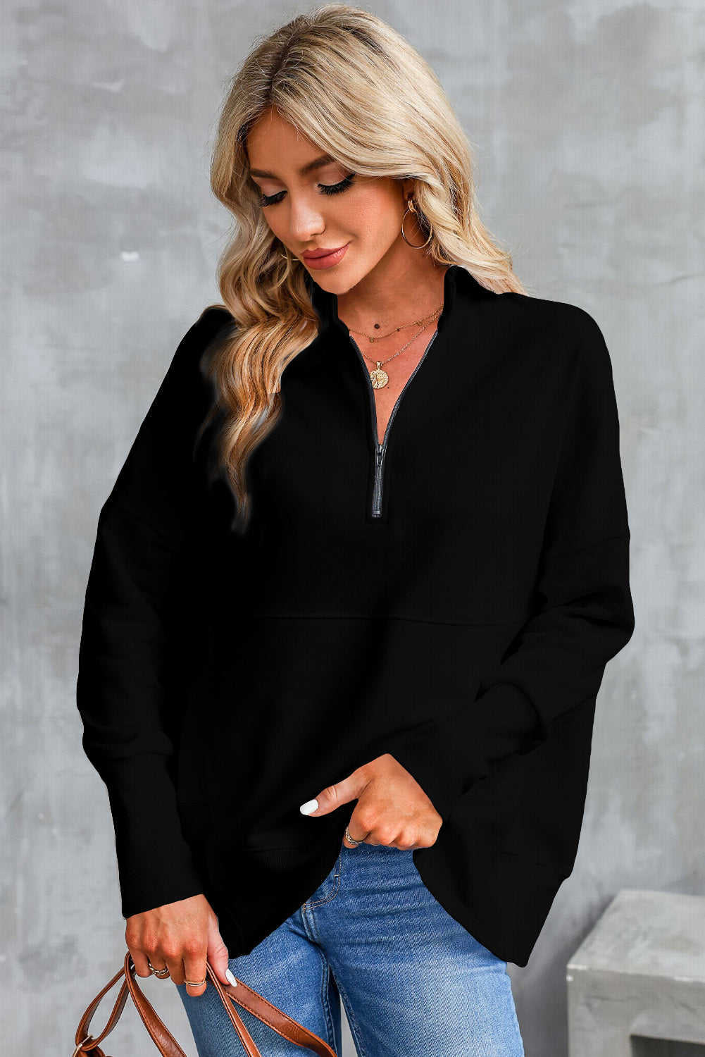 Buy black Half Zip Pocketed Dropped Shoulder Sweatshirt