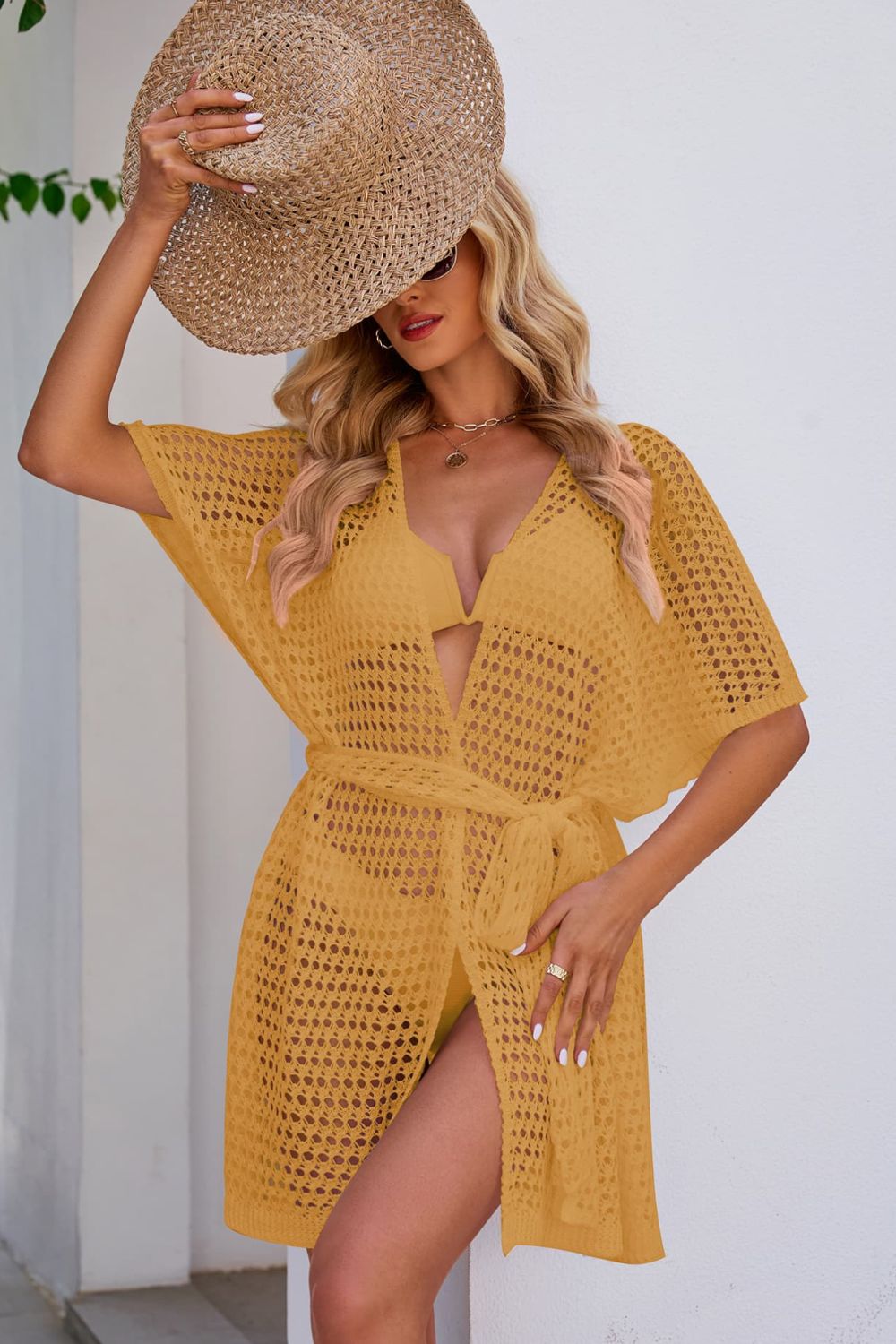 Buy honey Openwork Tie Waist Cover Up