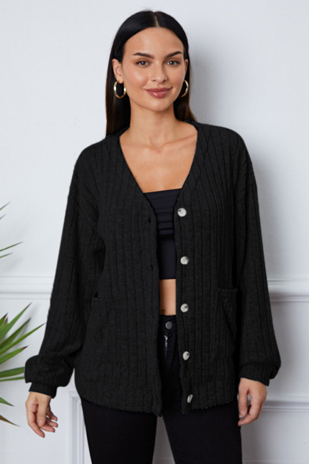 Buy black Button Up Long Sleeve Cover Up