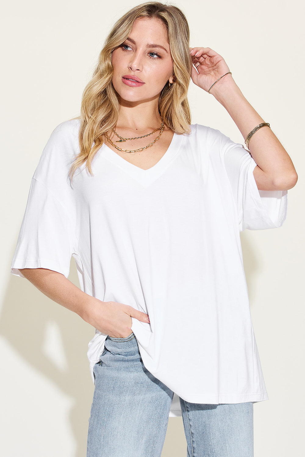 Buy white Basic Bae Full Size Bamboo V-Neck Drop Shoulder T-Shirt