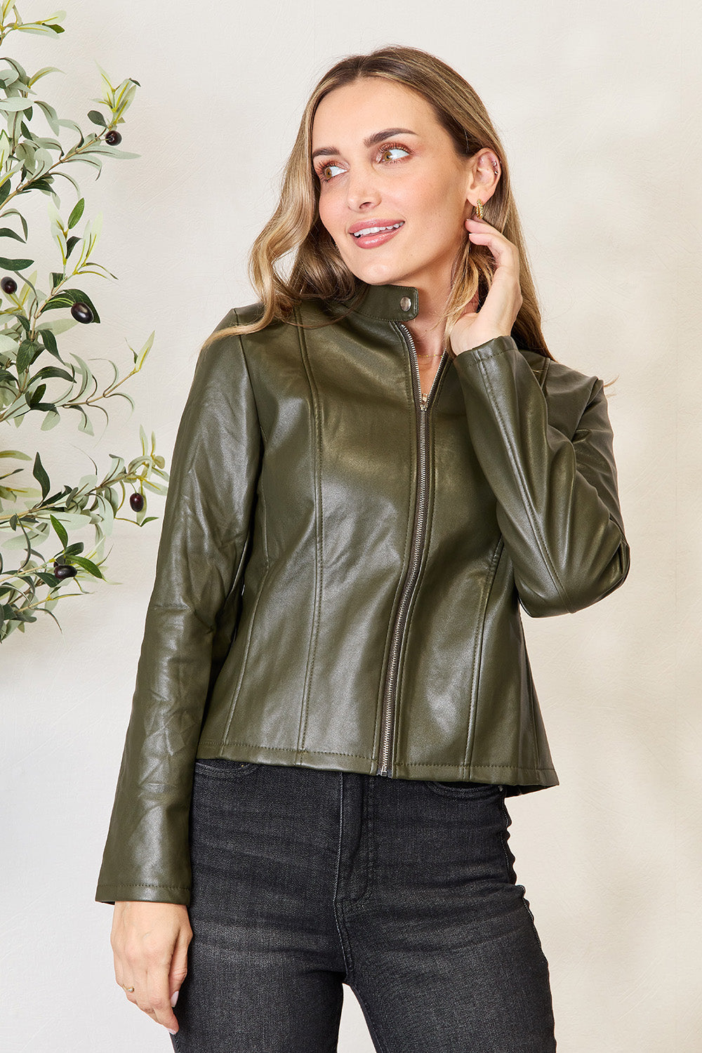 Buy army-green Mock Neck Zip Up Jacket