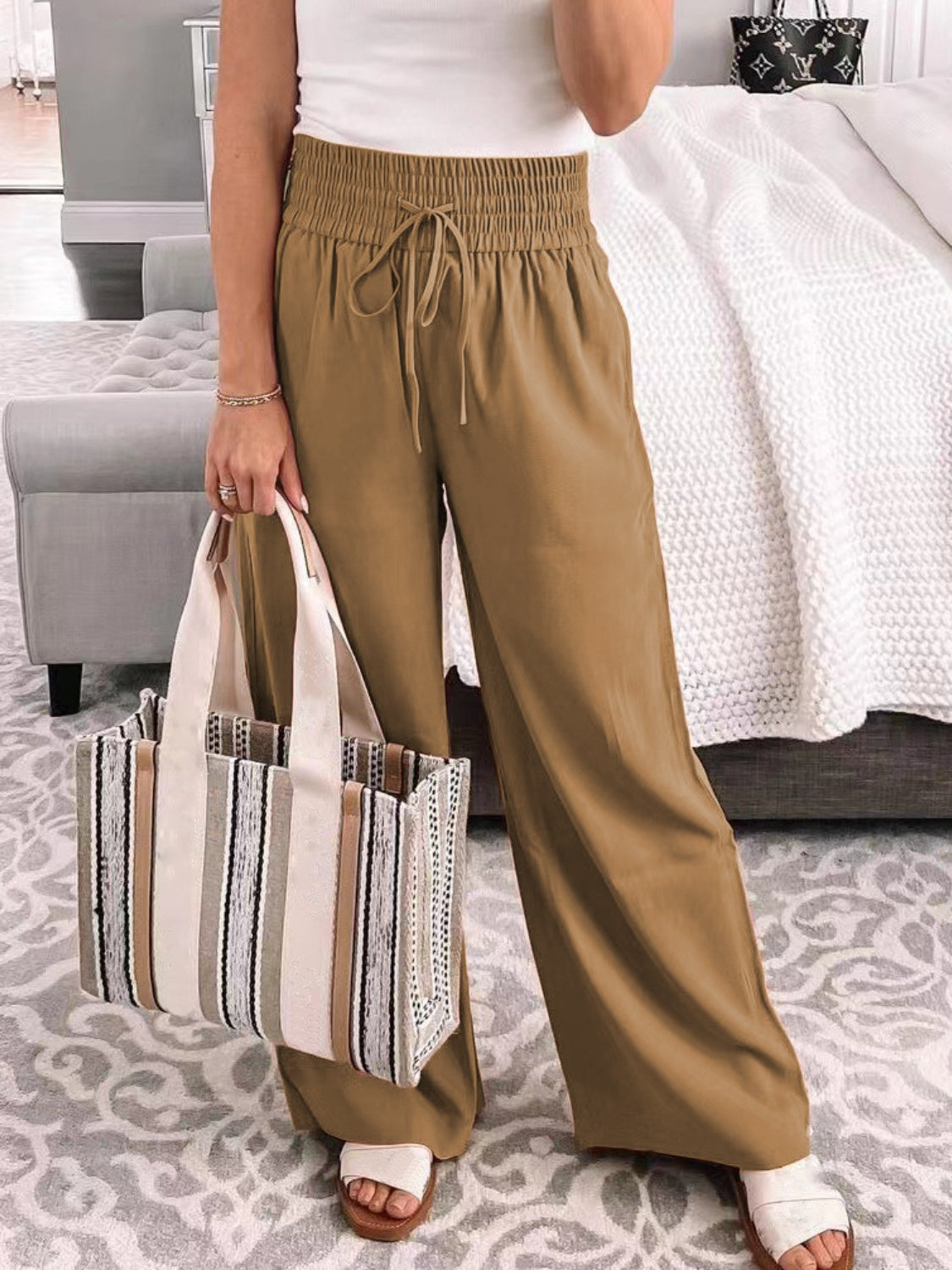 Buy camel Full Size Drawstring High Waist Wide Leg Pants