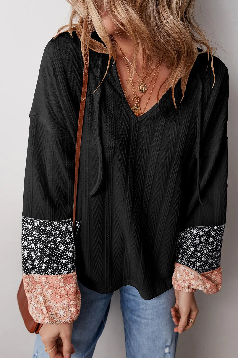 Buy black Color Block Tie Neck Long Sleeve Top