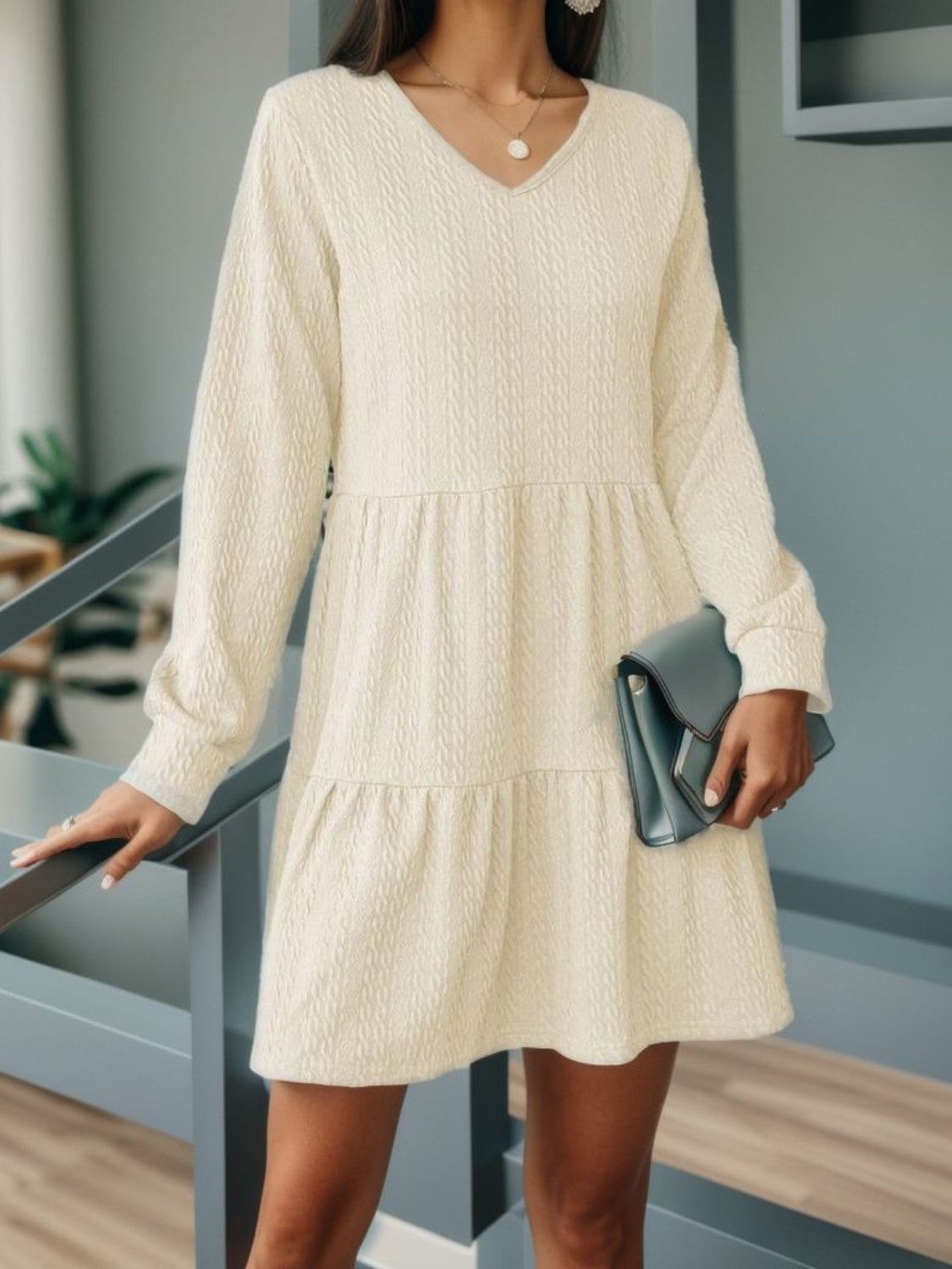 Buy cream V-Neck Long Sleeve Mini Dress