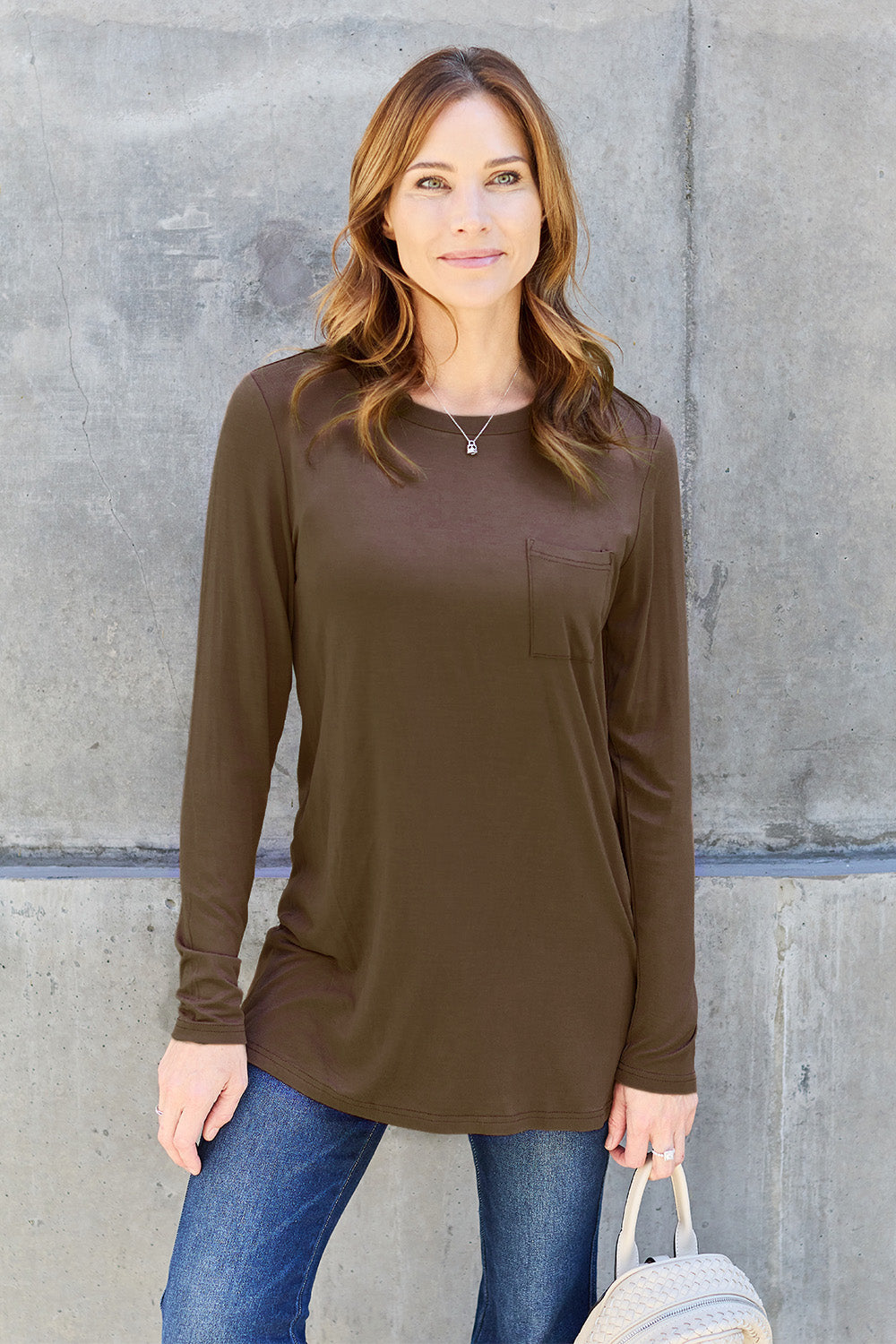 Buy chocolate Basic Bae Full Size Round Neck Long Sleeve Top