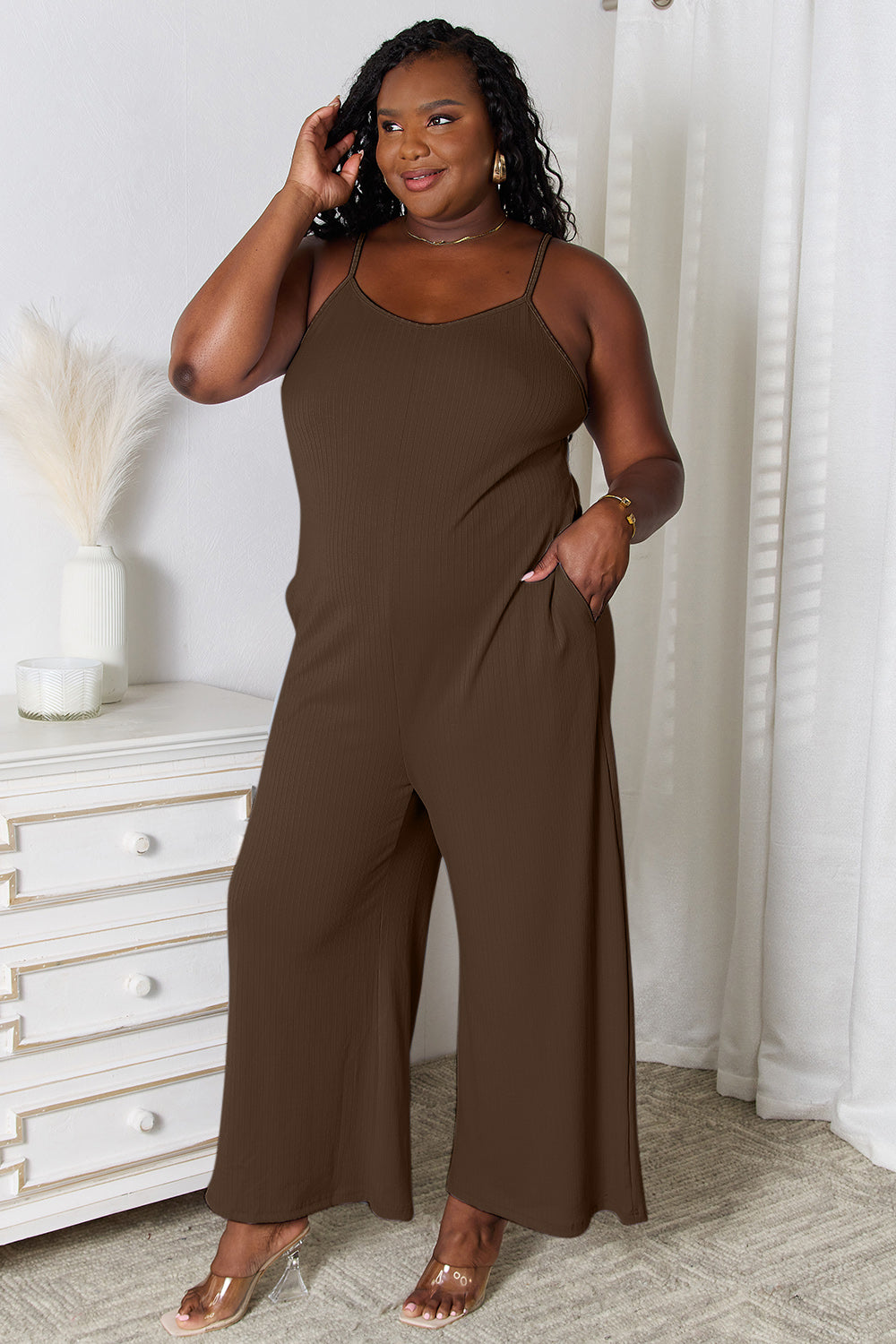 Buy chocolate Basic Bae Full Size Spaghetti Strap V-Neck Jumpsuit