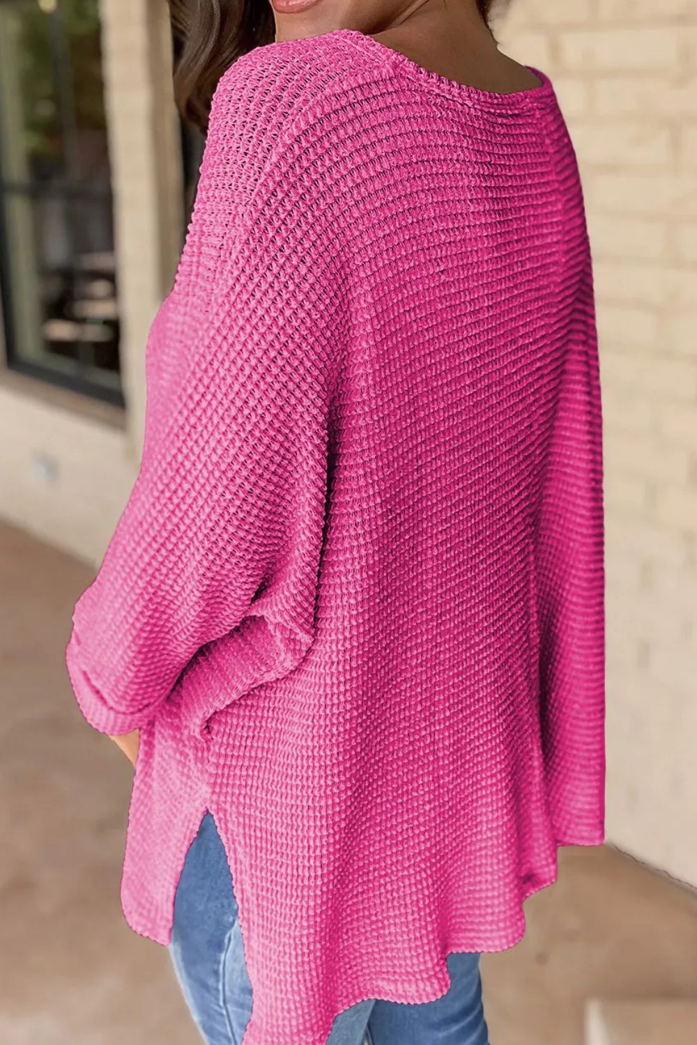 Waffle-Knit Slit V-Neck Long Sleeve Blouse