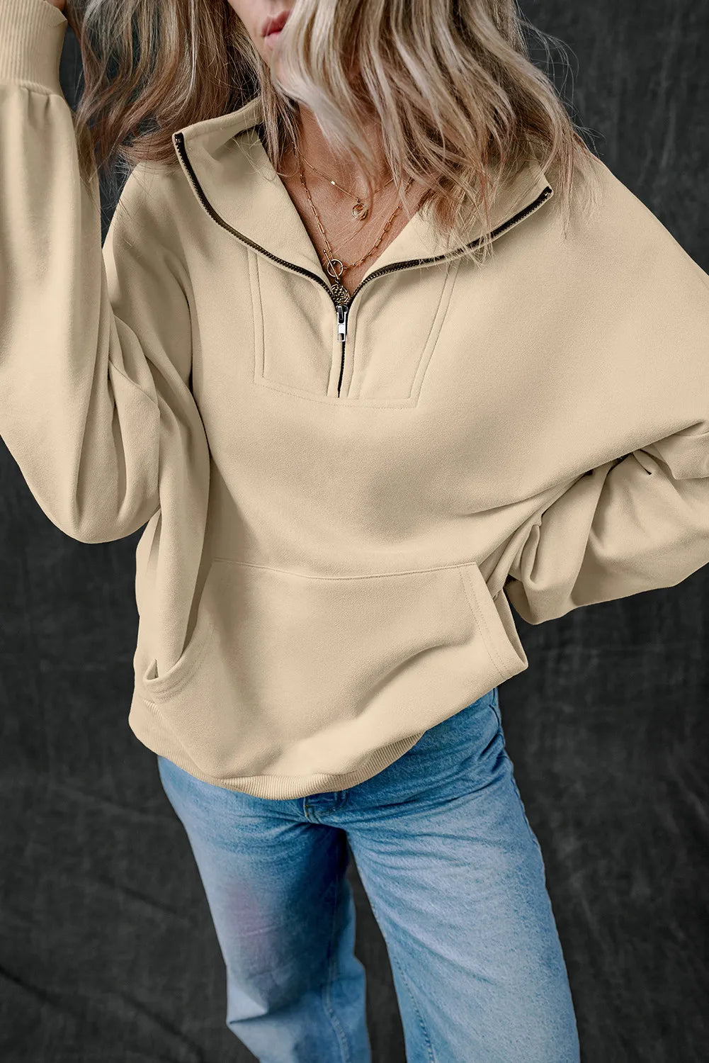 Buy tan Half Zip Long Sleeve Sweatshirt