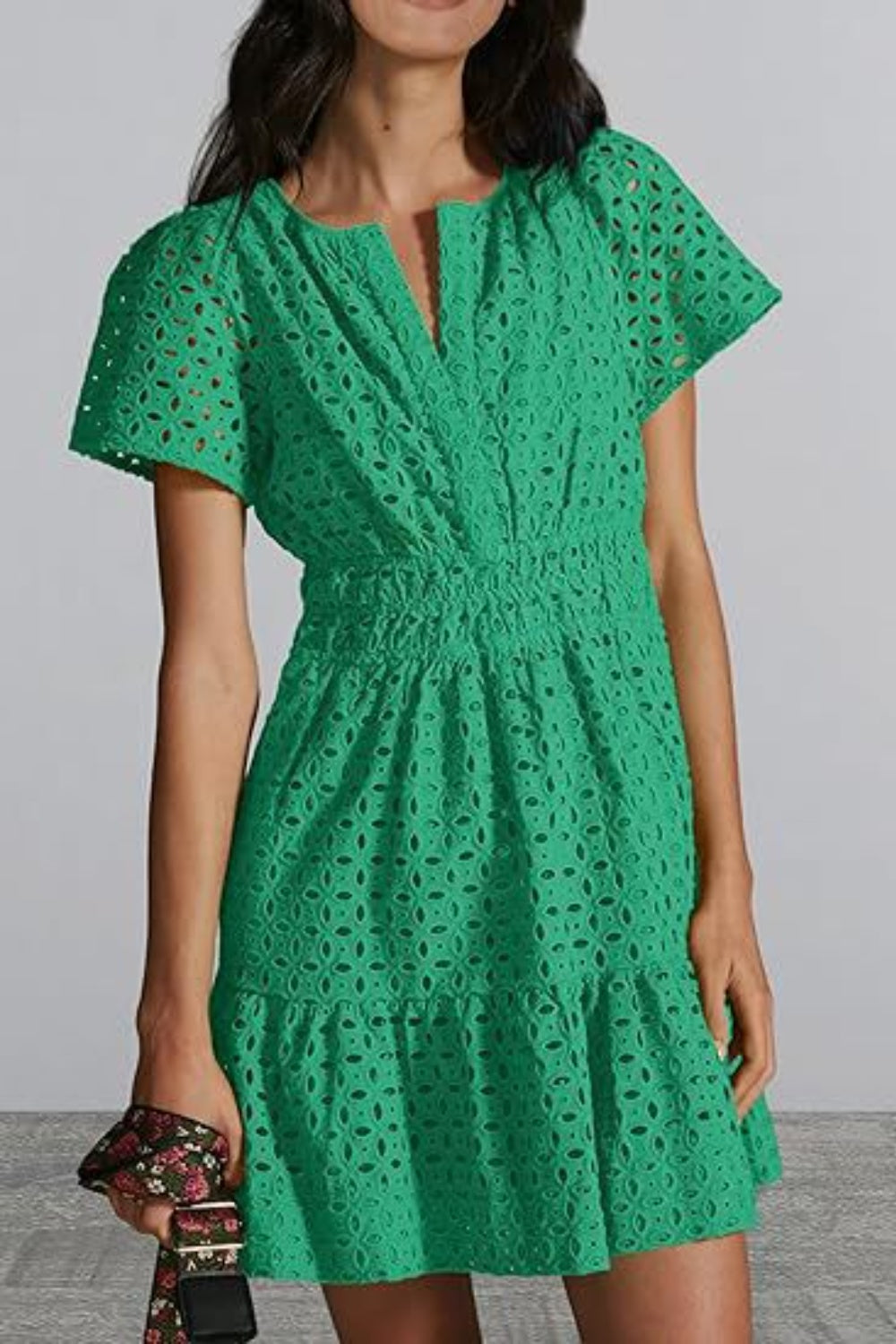 Buy green Eyelet Notched Short Sleeve Mini Dress