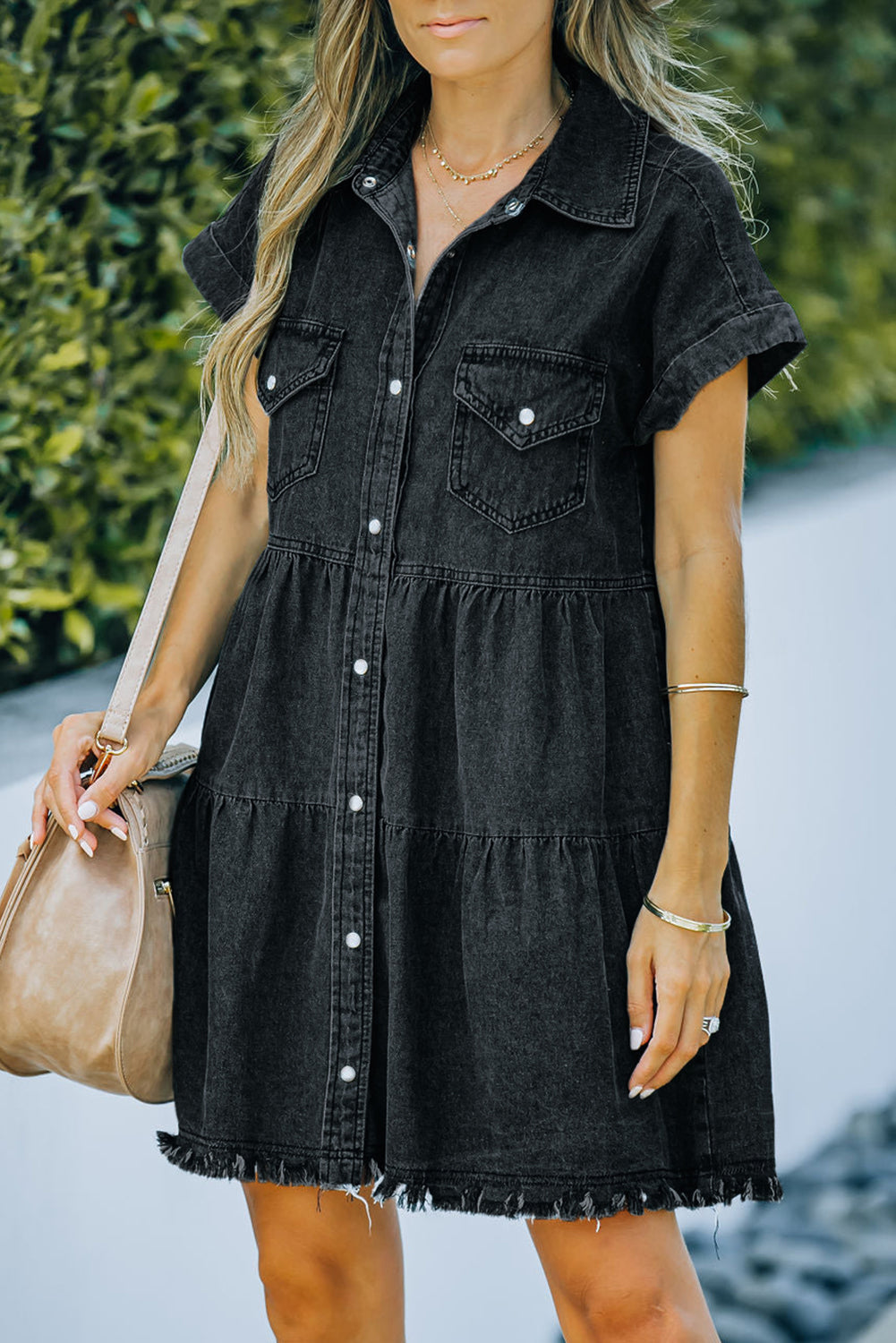 Buy black Button Front Raw Hem Denim Dress