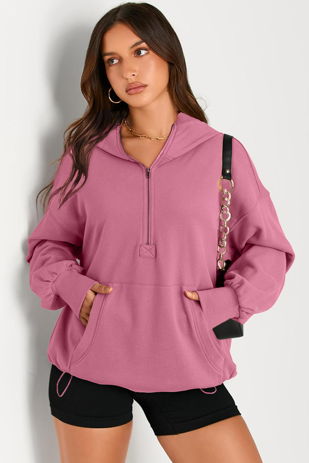 Buy dusty-pink Pocketed Half Zip Long Sleeve Hoodie